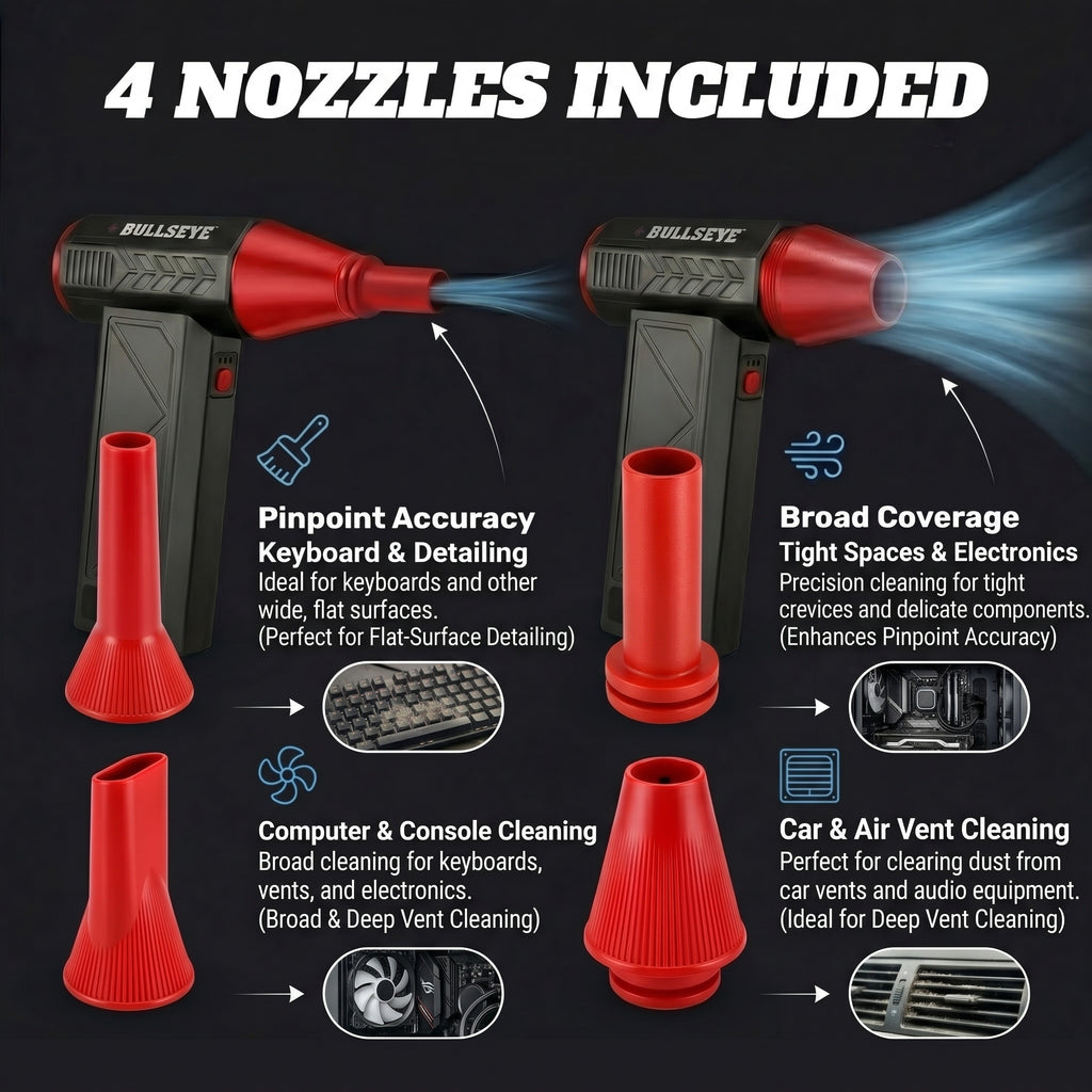 Bullseye Rechargeable Air Blaster – Portable Cordless Electric Air Duster & Leaf Blower with 3 Speeds, 4 Nozzles & 4000mAh Battery
