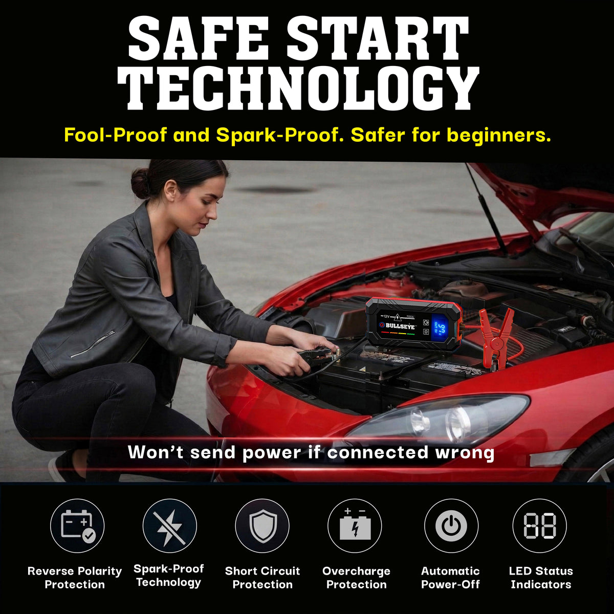 Bullseye Safety XL 700A Jump Starter – 12V Portable Rechargeable Car Battery Booster Pack with Smart Jumper Cables