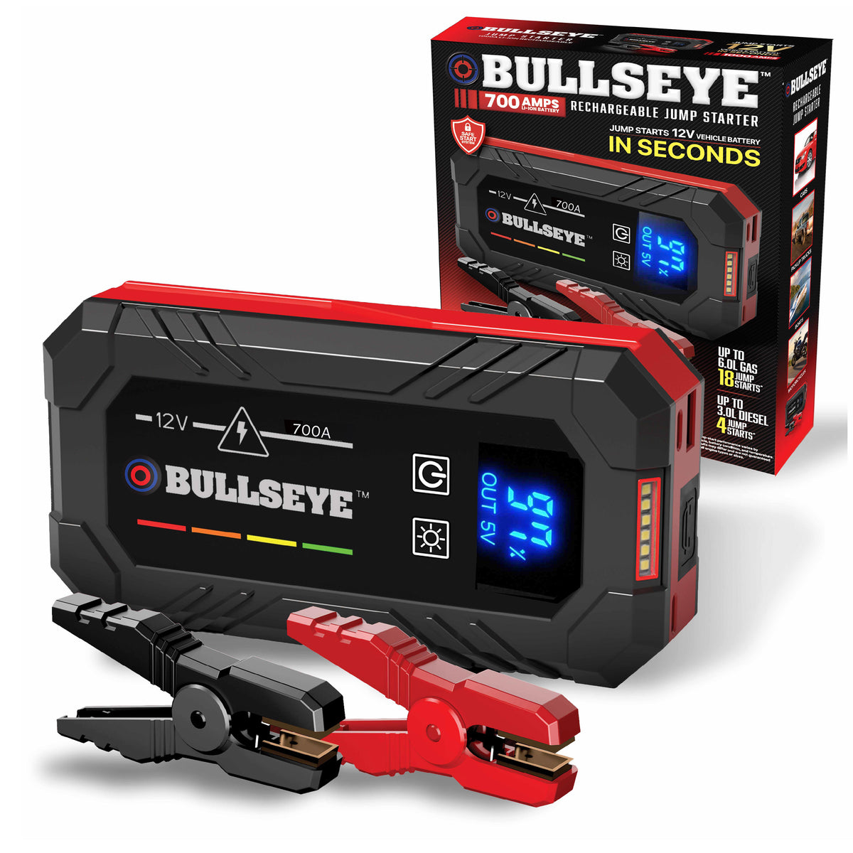 Bullseye Safety XL 700A Jump Starter – 12V Portable Rechargeable Car Battery Booster Pack with Smart Jumper Cables