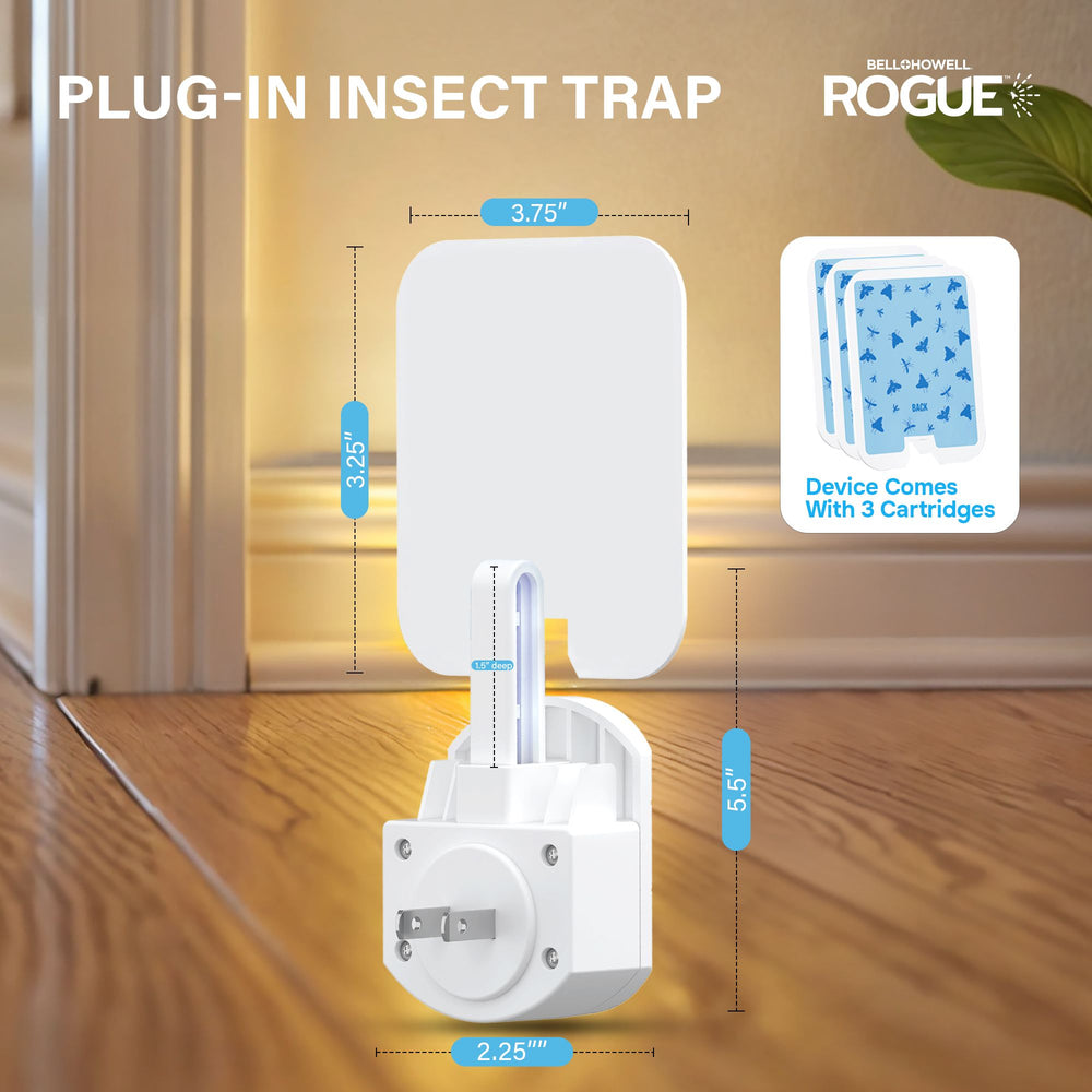 Rogue Fly Insect Trap Indoor with Night Light and 3 Cartridges, Plug in Bug Catcher, Pest Repeller Indoor Bug Light Trap Indoor for Flies, Fruit Flies, Gnats and More, Odor Free