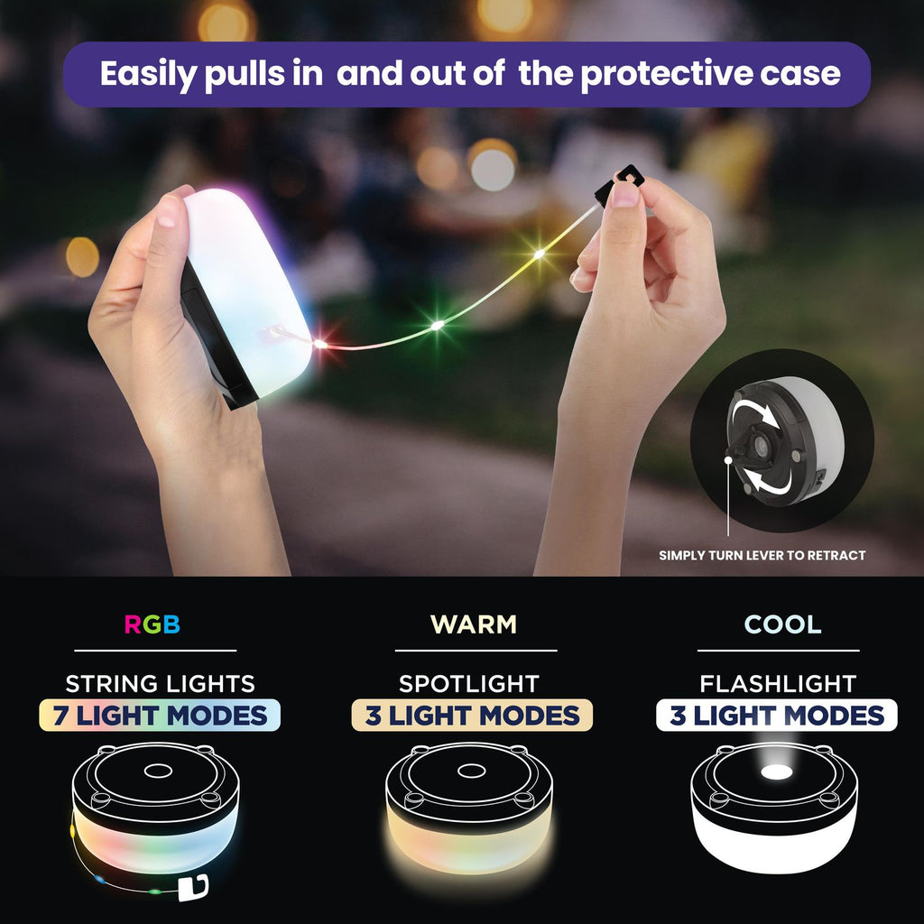 Holiday String Lights - 32' Retractable USB-C Rechargeable , 80 LED Color-Changing, Magnetic Base, Flashlight, Built-in Hook, IP65 Water-Resistant for Camping, Indoor & Outdoor Use