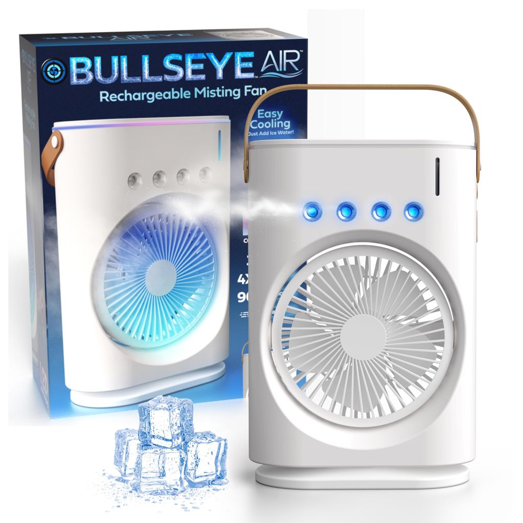 Bullseye Air Cool Misting Fan, Remote Controlled, Oscillating, USB-C Rechargeable, Color Changing, Lightweight, Portable