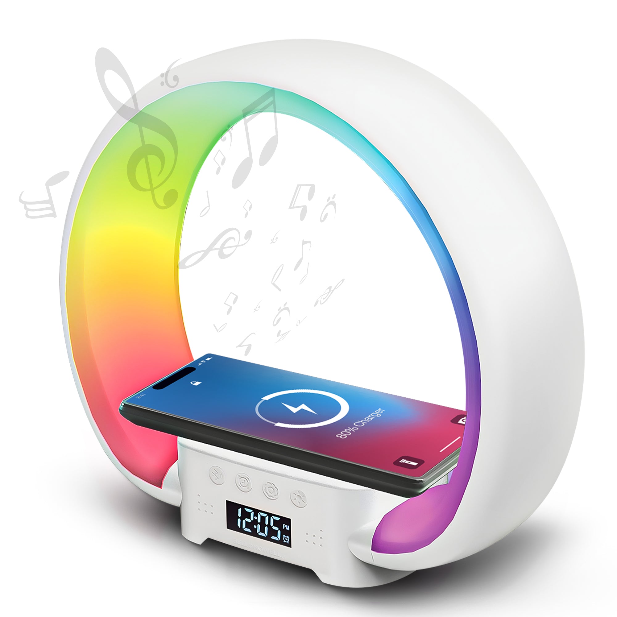 Speaker Charging Lamp with Alarm Clock, RGB LED Table Lamp, and Wireless Phone Charger Stand