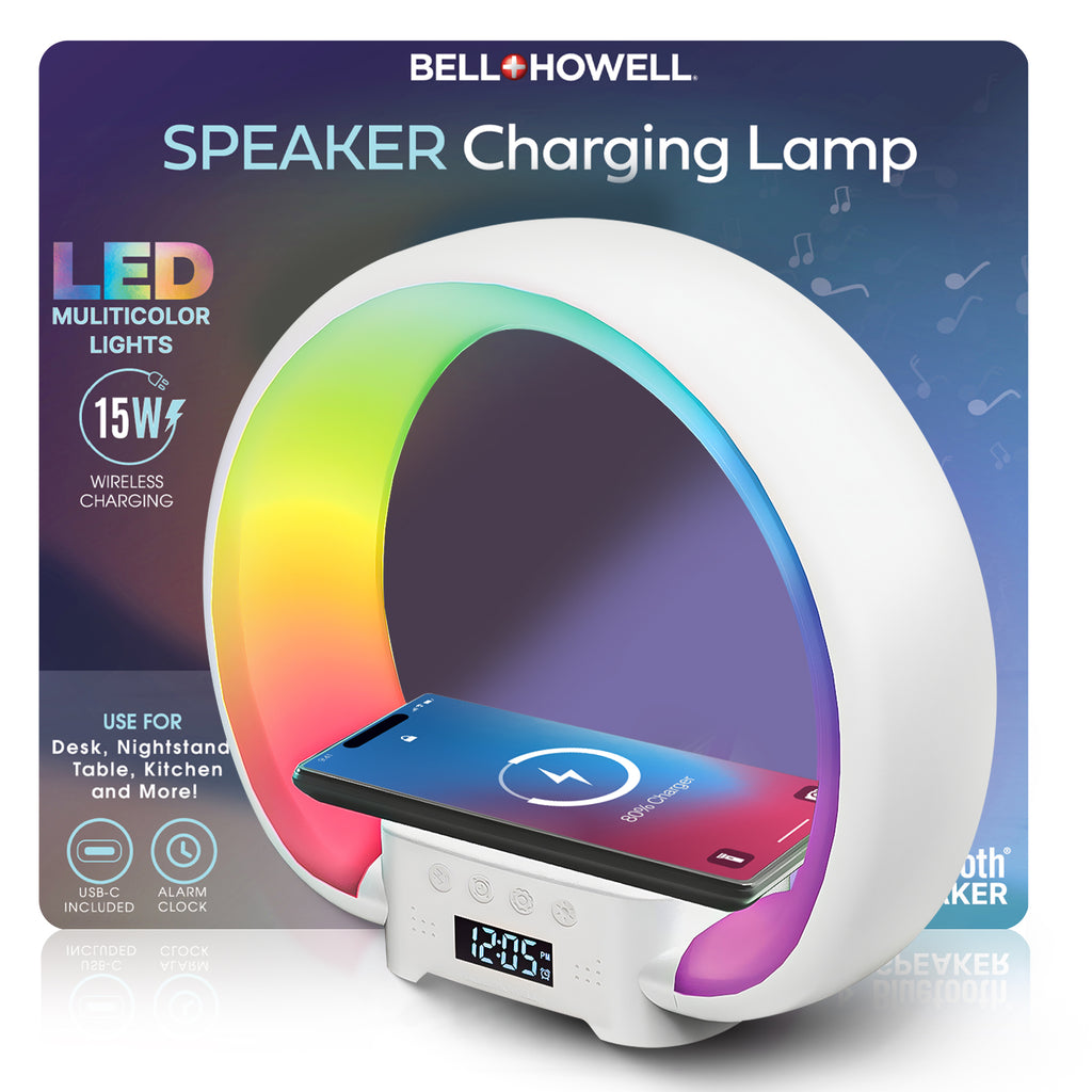 Speaker Charging Lamp with Alarm Clock, RGB LED Table Lamp, and Wireless Phone Charger Stand