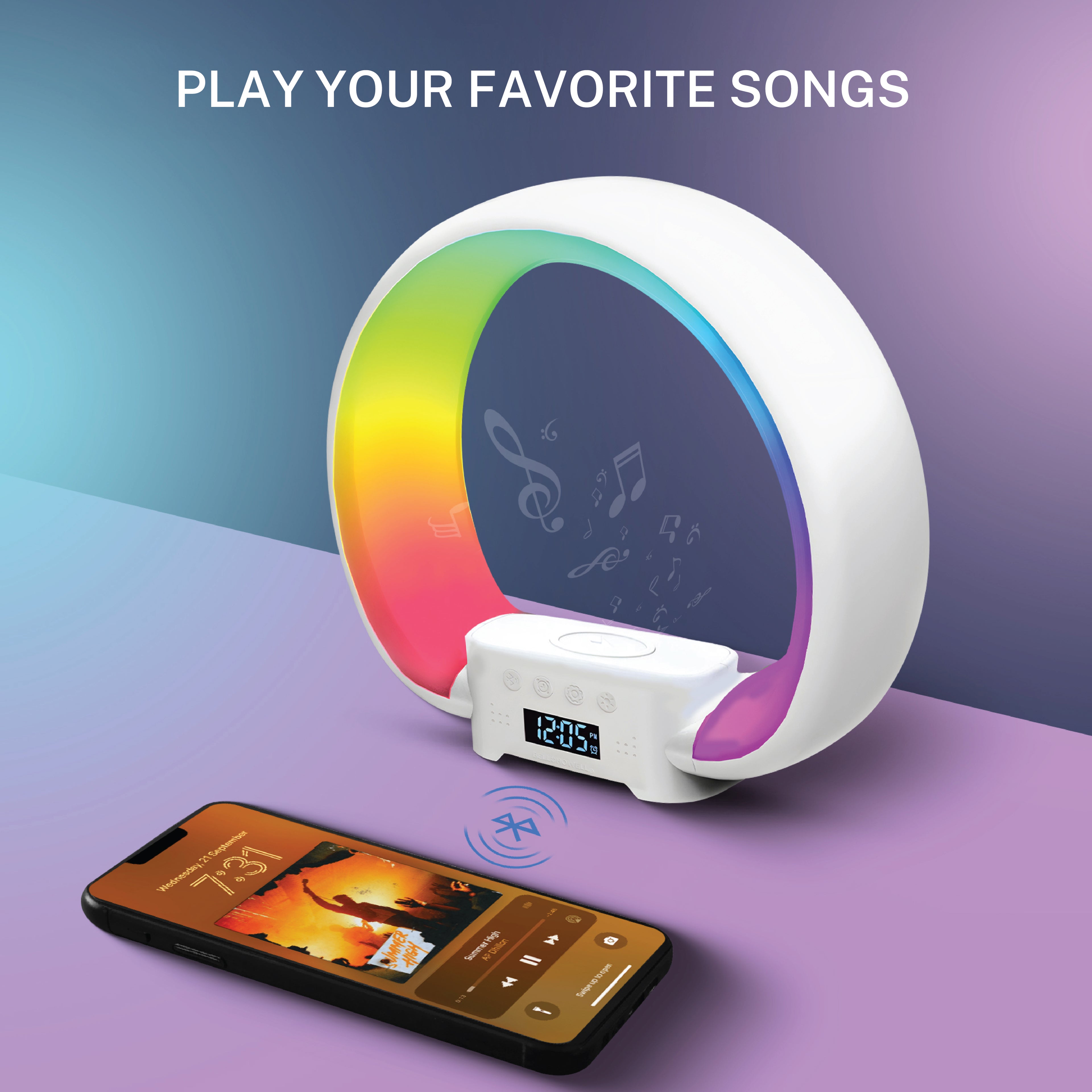 Speaker Charging Lamp with Alarm Clock, RGB LED Table Lamp, and Wireless Phone Charger Stand
