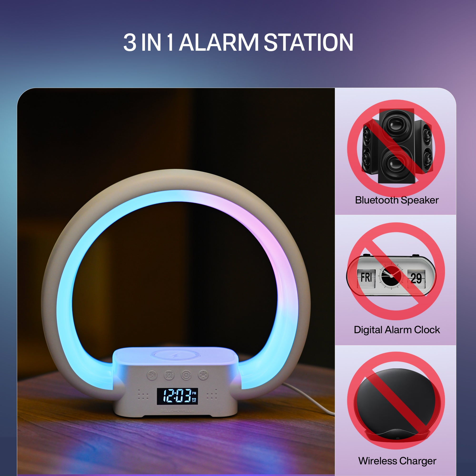 Speaker Charging Lamp with Alarm Clock, RGB LED Table Lamp, and Wireless Phone Charger Stand