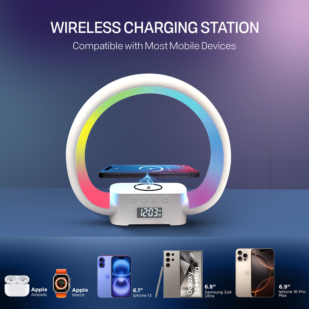 Speaker Charging Lamp with Alarm Clock, RGB LED Table Lamp, and Wireless Phone Charger Stand