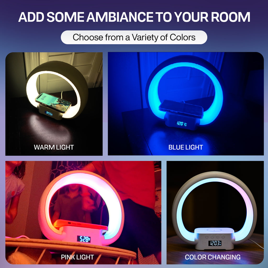 Speaker Charging Lamp with Alarm Clock, RGB LED Table Lamp, and Wireless Phone Charger Stand