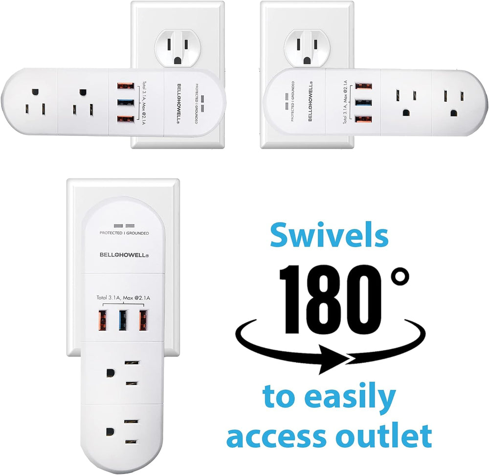 Bell + Howell Swivel Power, Power Strip w/Surge Protection Rapid, Swiveling Charging Station USB Outlet Extender – with Electrical, USB-C, USB-A 125VAC / 60Hz / 10A / 1250WMax, UL STD 498A