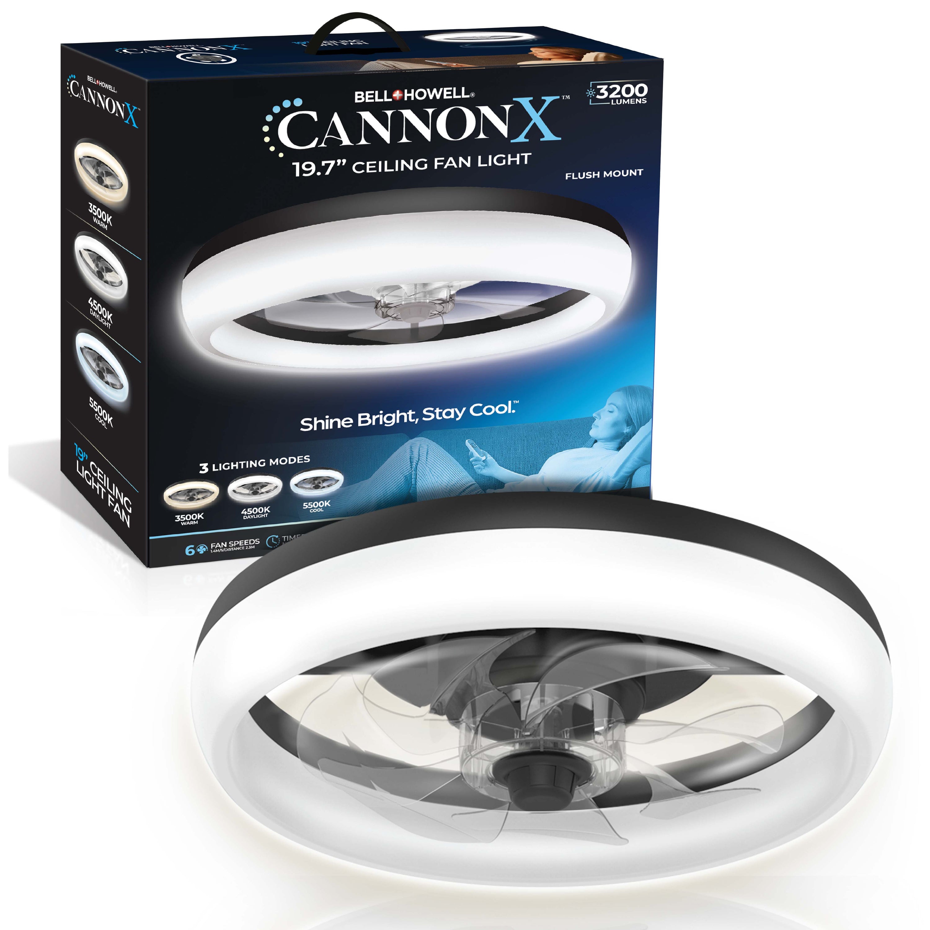 CannonX Low-Profile Ceiling Fan with Light and Remote, Modern Fandelier, 6 Speeds, 3 Lighting Modes