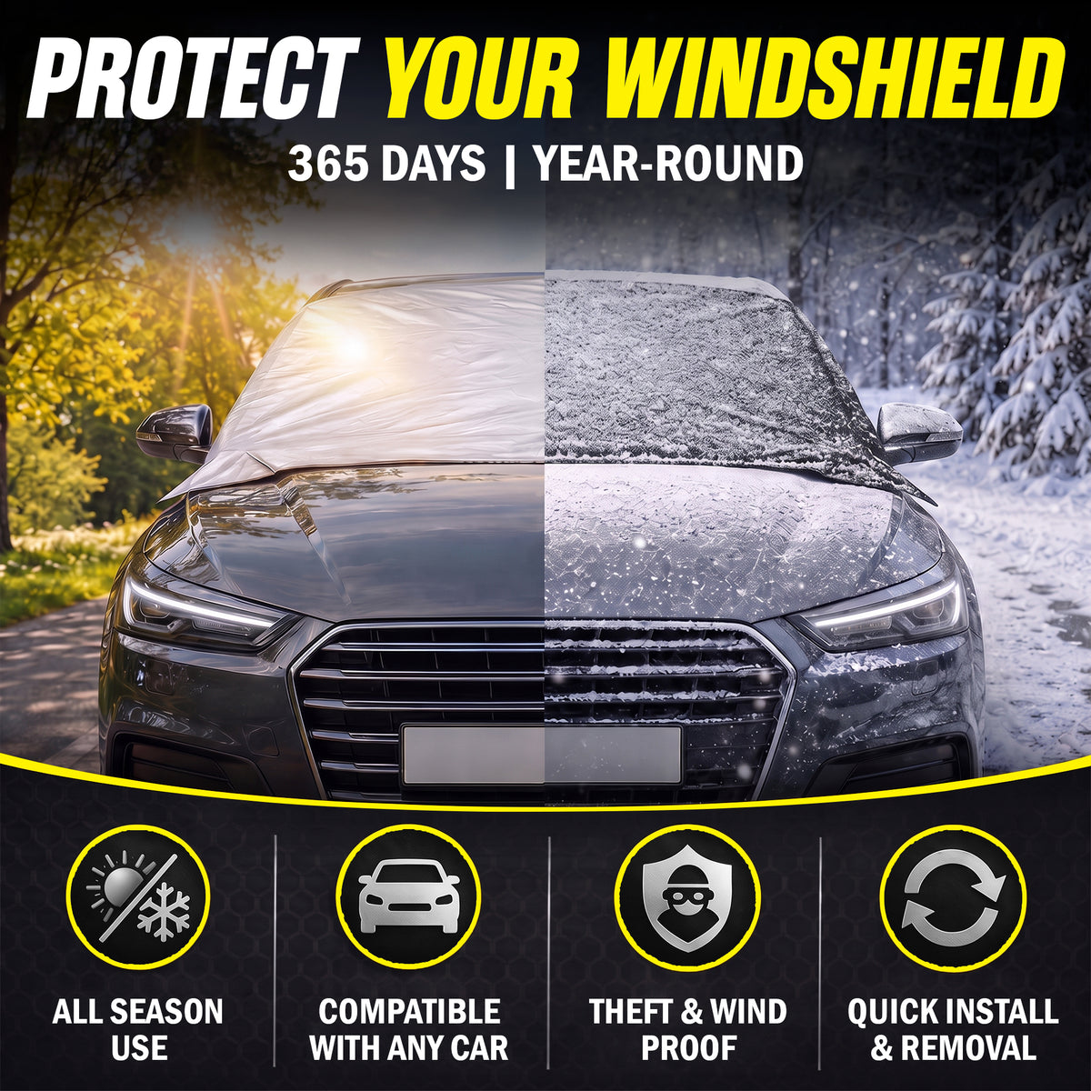 Weatherforce 365 - All-Weather Sunshade Ice Cover Heavy Duty Reversible Windshield Protector 6 by 10 feet Fabric For Any Car Protects from Heat & Snow with Anti-Theft Panels As Seen On TV