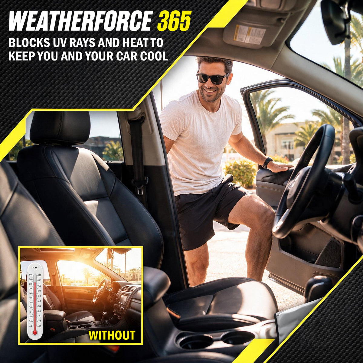 Weatherforce 365 - All-Weather Sunshade Ice Cover Heavy Duty Reversible Windshield Protector 6 by 10 feet Fabric For Any Car Protects from Heat & Snow with Anti-Theft Panels As Seen On TV