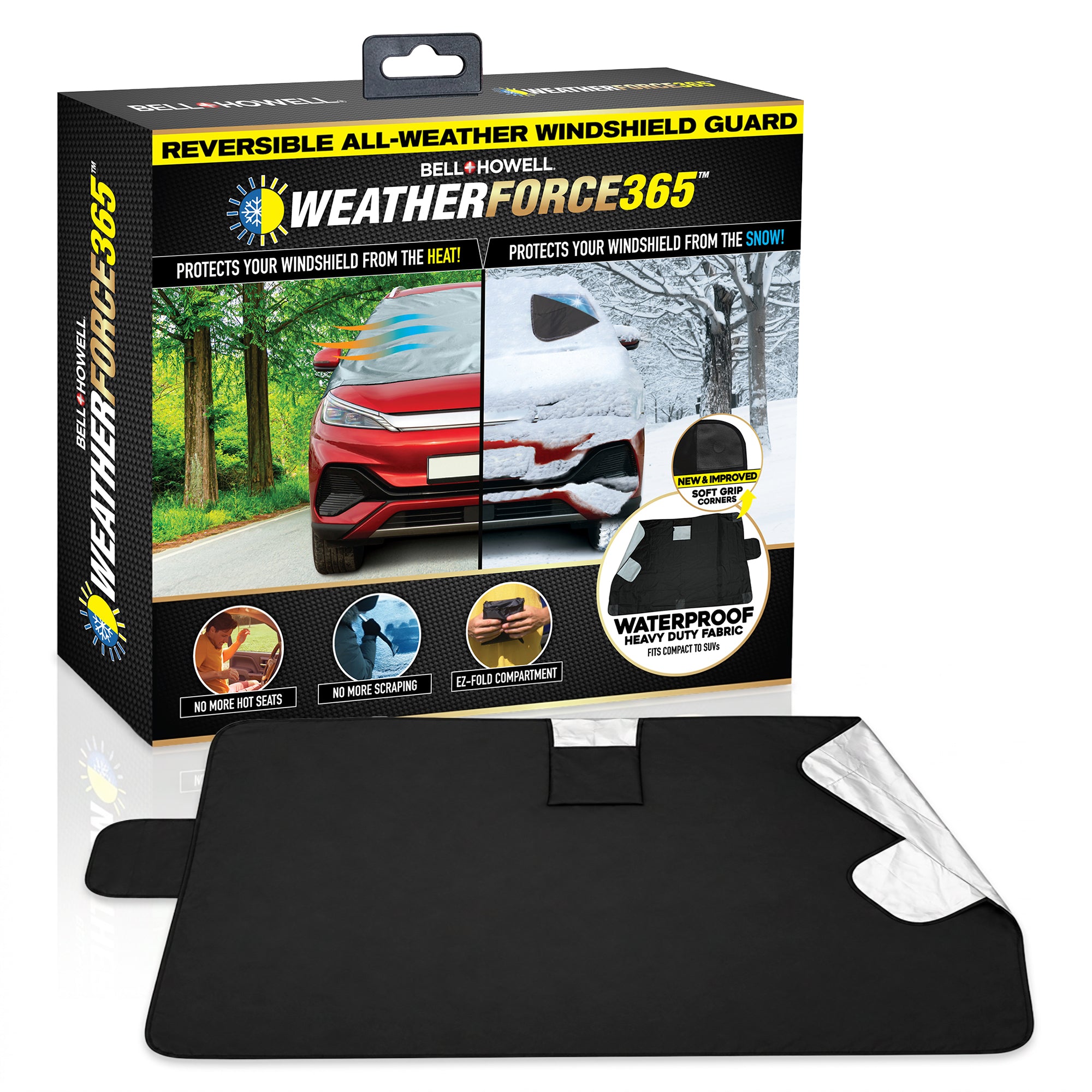 Weatherforce 365 - All-Weather Sunshade Ice Cover Heavy Duty Reversible Windshield Protector 6 by 10 feet Fabric For Any Car Protects from Heat & Snow with Anti-Theft Panels As Seen On TV