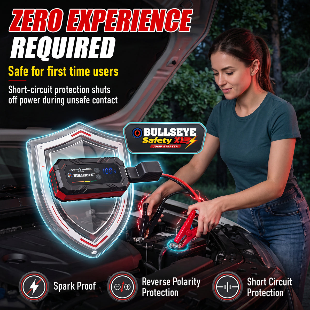 Bullseye Safety XL Rechargeable Jump Starter – 1000A 12V Portable Car Battery Booster Pack with Smart Jumper Cables, USB Power Bank, LED Flashlight for Cars, Trucks, SUVs, Motorcycles