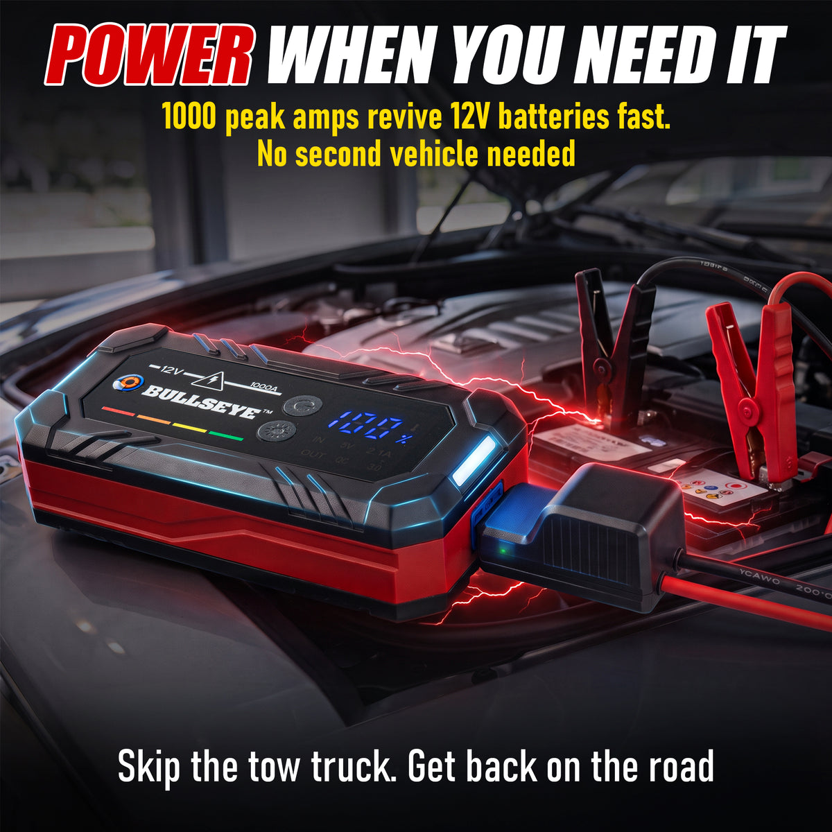 Bullseye Safety XL Rechargeable Jump Starter – 1000A 12V Portable Car Battery Booster Pack with Smart Jumper Cables, USB Power Bank, LED Flashlight for Cars, Trucks, SUVs, Motorcycles