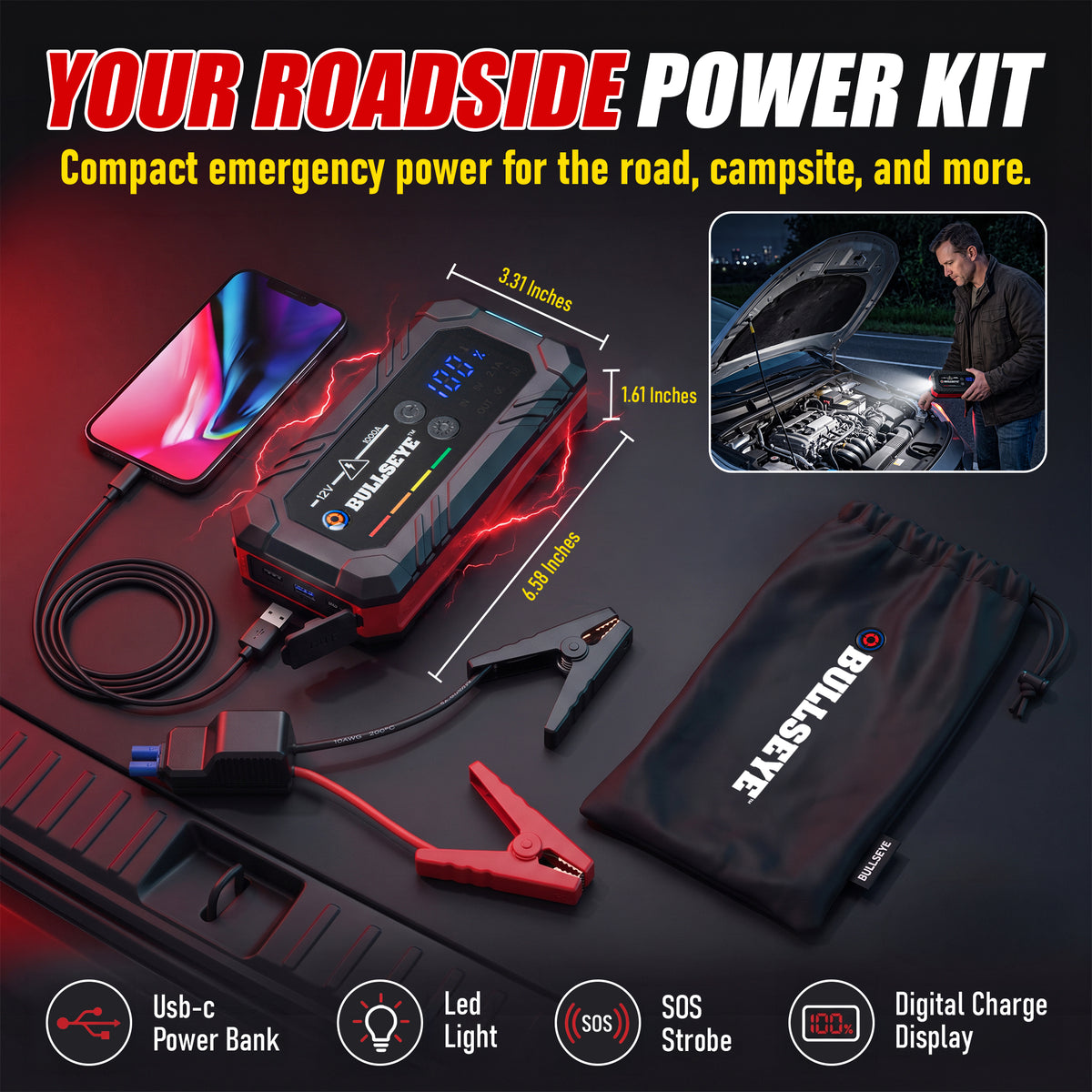 Bullseye Safety XL Rechargeable Jump Starter – 1000A 12V Portable Car Battery Booster Pack with Smart Jumper Cables, USB Power Bank, LED Flashlight for Cars, Trucks, SUVs, Motorcycles