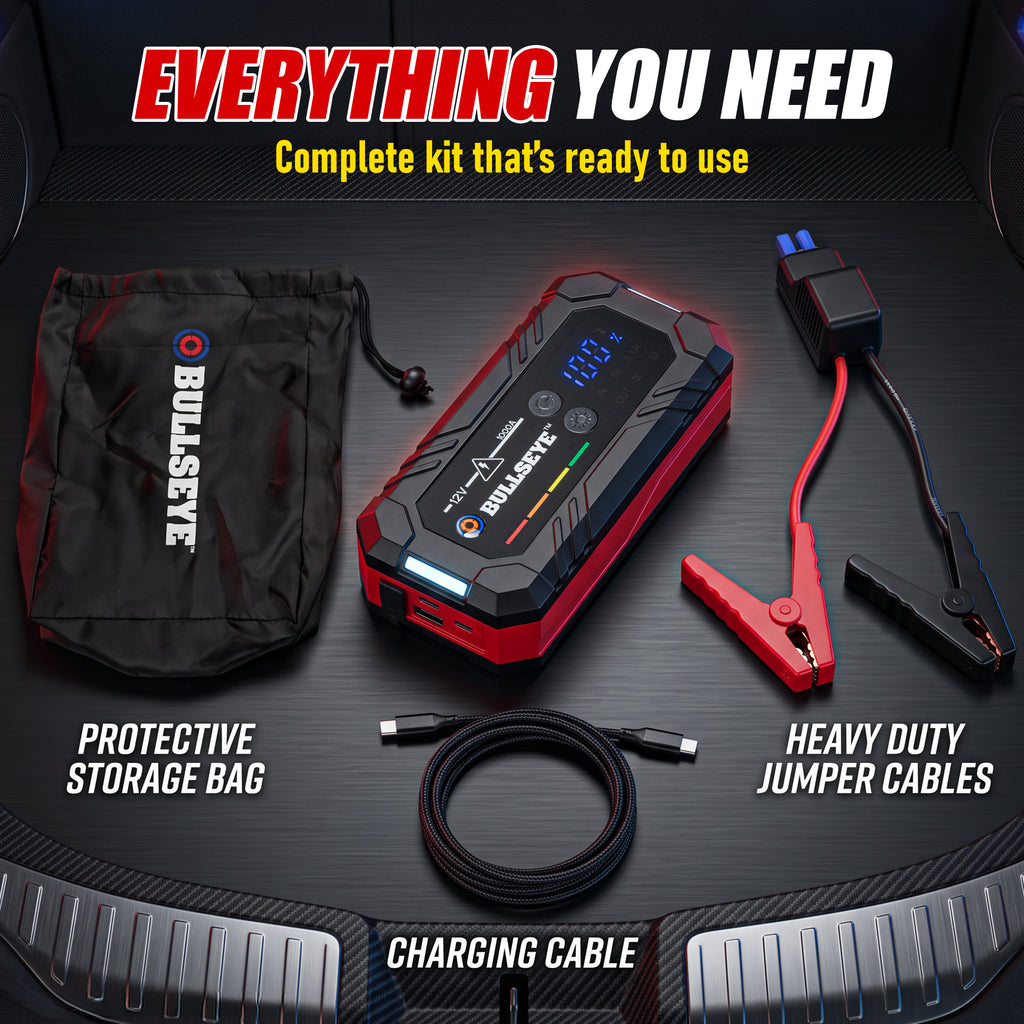 Bullseye Safety XL Rechargeable Jump Starter – 1000A 12V Portable Car Battery Booster Pack with Smart Jumper Cables, USB Power Bank, LED Flashlight for Cars, Trucks, SUVs, Motorcycles