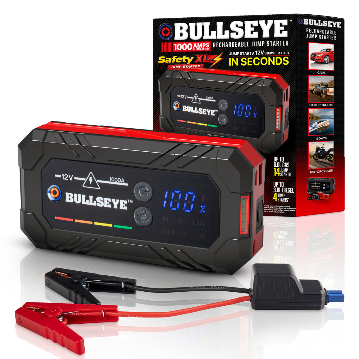 Bullseye Safety XL Rechargeable Jump Starter – 1000A 12V Portable Car Battery Booster Pack with Smart Jumper Cables, USB Power Bank, LED Flashlight for Cars, Trucks, SUVs, Motorcycles