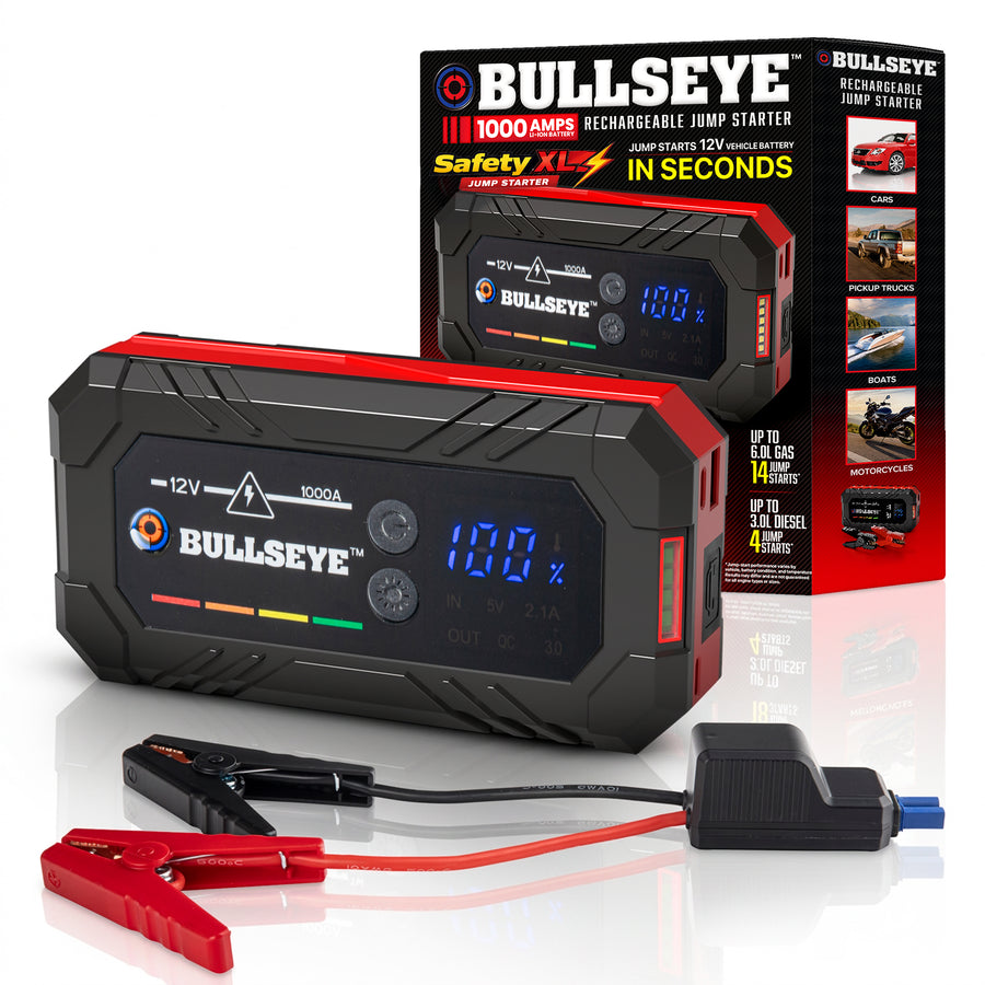Bullseye Safety XL 1000A Jump Starter – 12V Portable Rechargeable Car Battery Booster Pack with Smart Jumper Cables