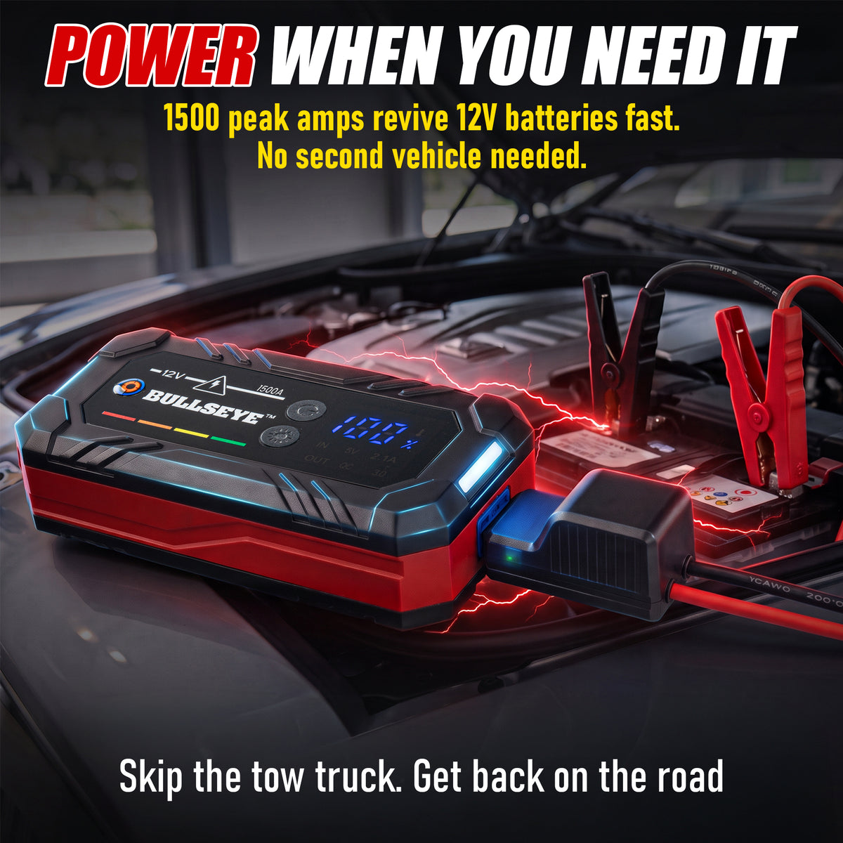 Bullseye Safety XL 1500A Jump Starter – 12V Portable Rechargeable Car Battery Booster Pack with Smart Jumper Cables
