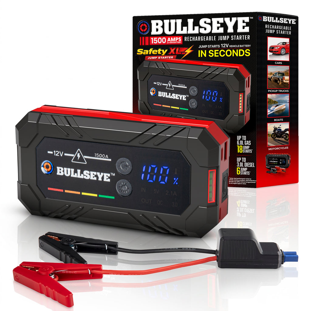 Bullseye Safety XL 1500A Jump Starter – 12V Portable Rechargeable Car Battery Booster Pack with Smart Jumper Cables