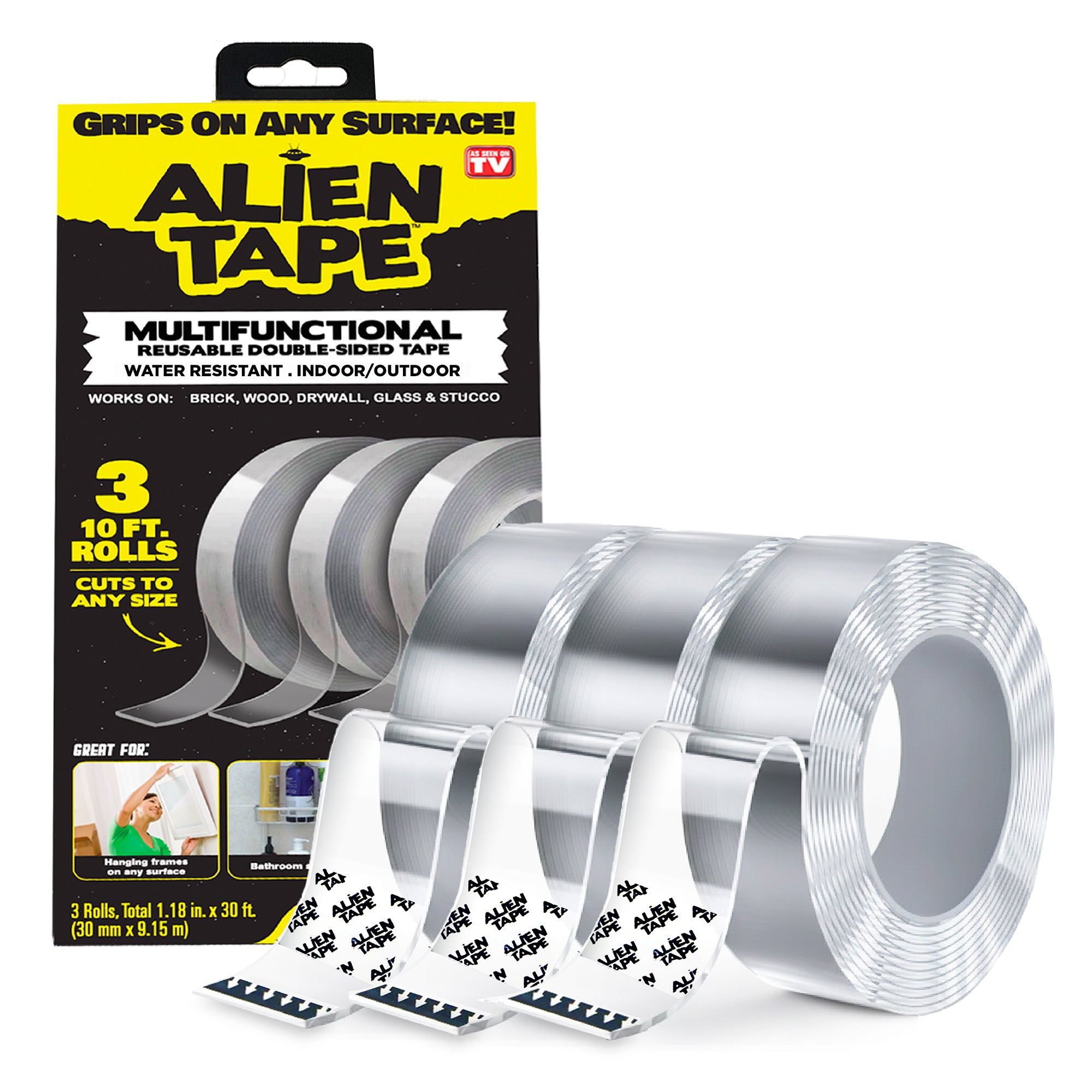 Alien Tape - 3 pack, 10ft each Double Sided Tape Heavy Duty, Nano Tape, Double Sided Mounting Tape, Heavy Duty Double Sided Tape for Walls, Wall Tape, Clear Adhesive Tape for Poster Photo Wall Décor