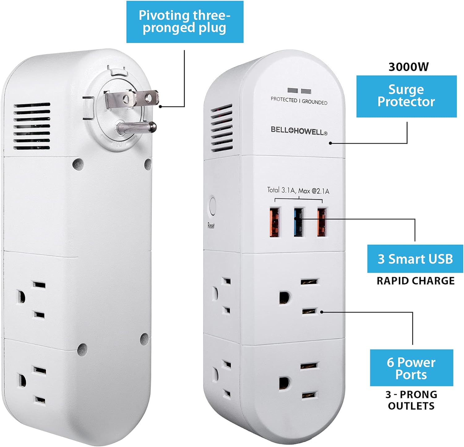 Bell + Howell Swivel Power, Power Strip w/Surge Protection Rapid, Swiveling Charging Station USB Outlet Extender – with Electrical, USB-C, USB-A 125VAC / 60Hz / 10A / 1250WMax, UL STD 498A