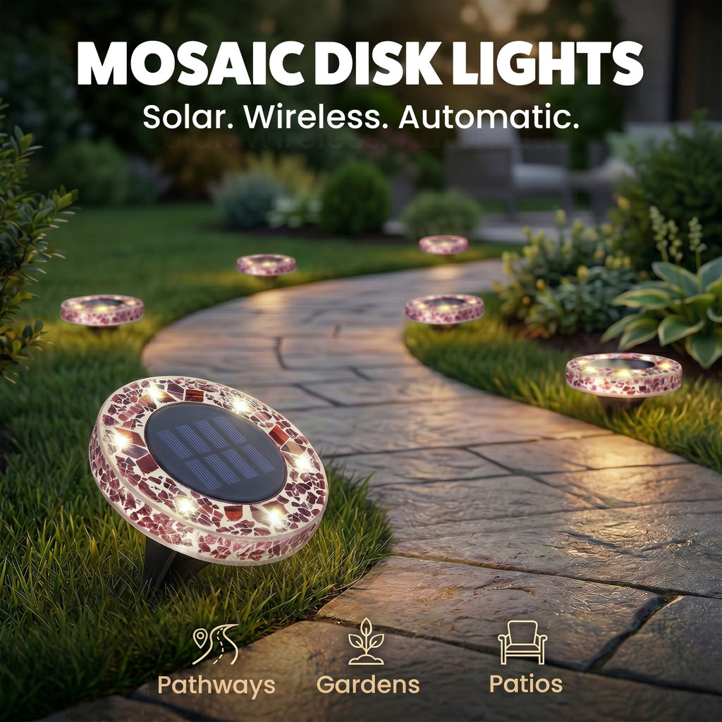 Solar Outdoor Mosaic Disk Lights, Waterproof Decorative Pathway LED Light, Auto On/Off