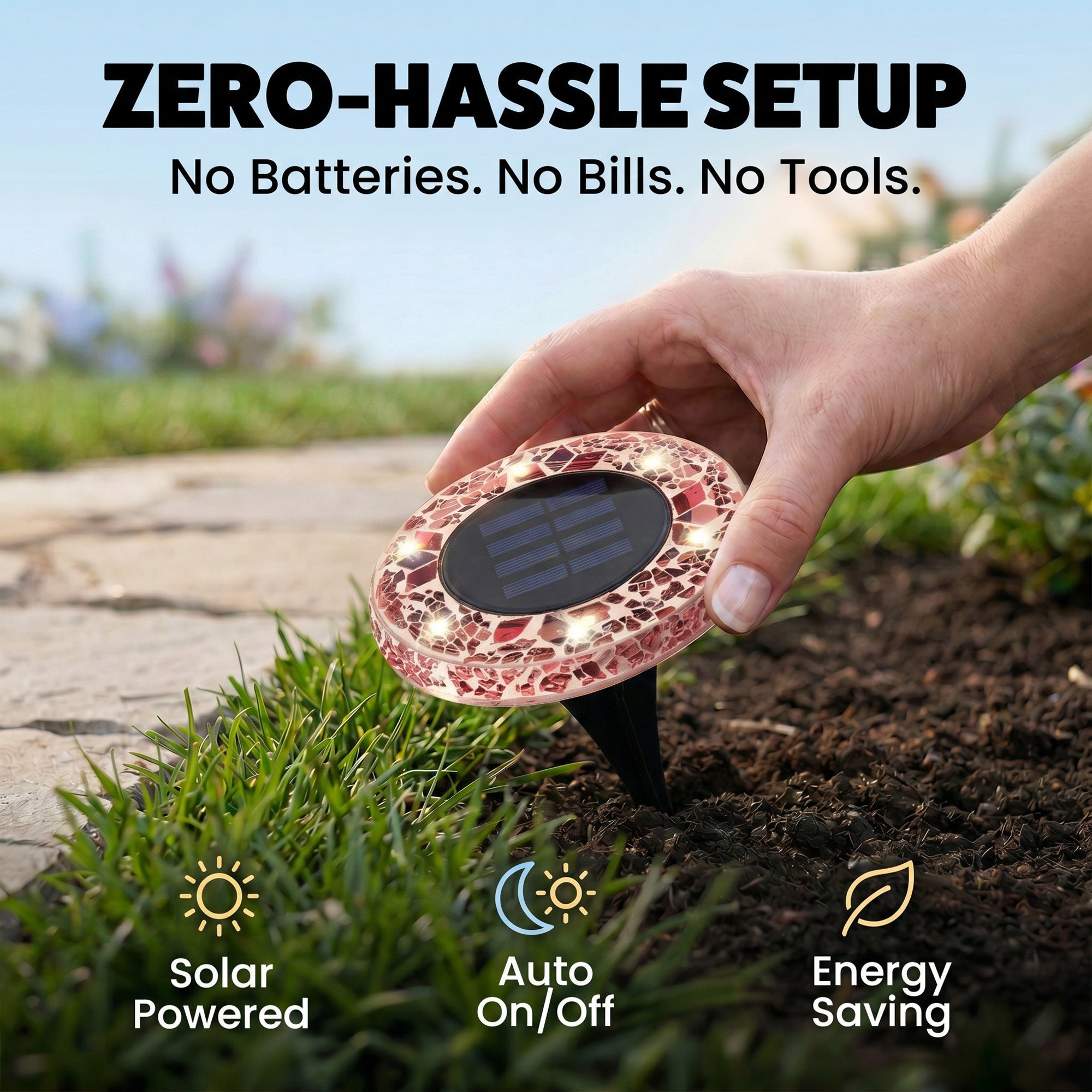 Solar Outdoor Mosaic Disk Lights, Waterproof Decorative Pathway LED Light, Auto On/Off