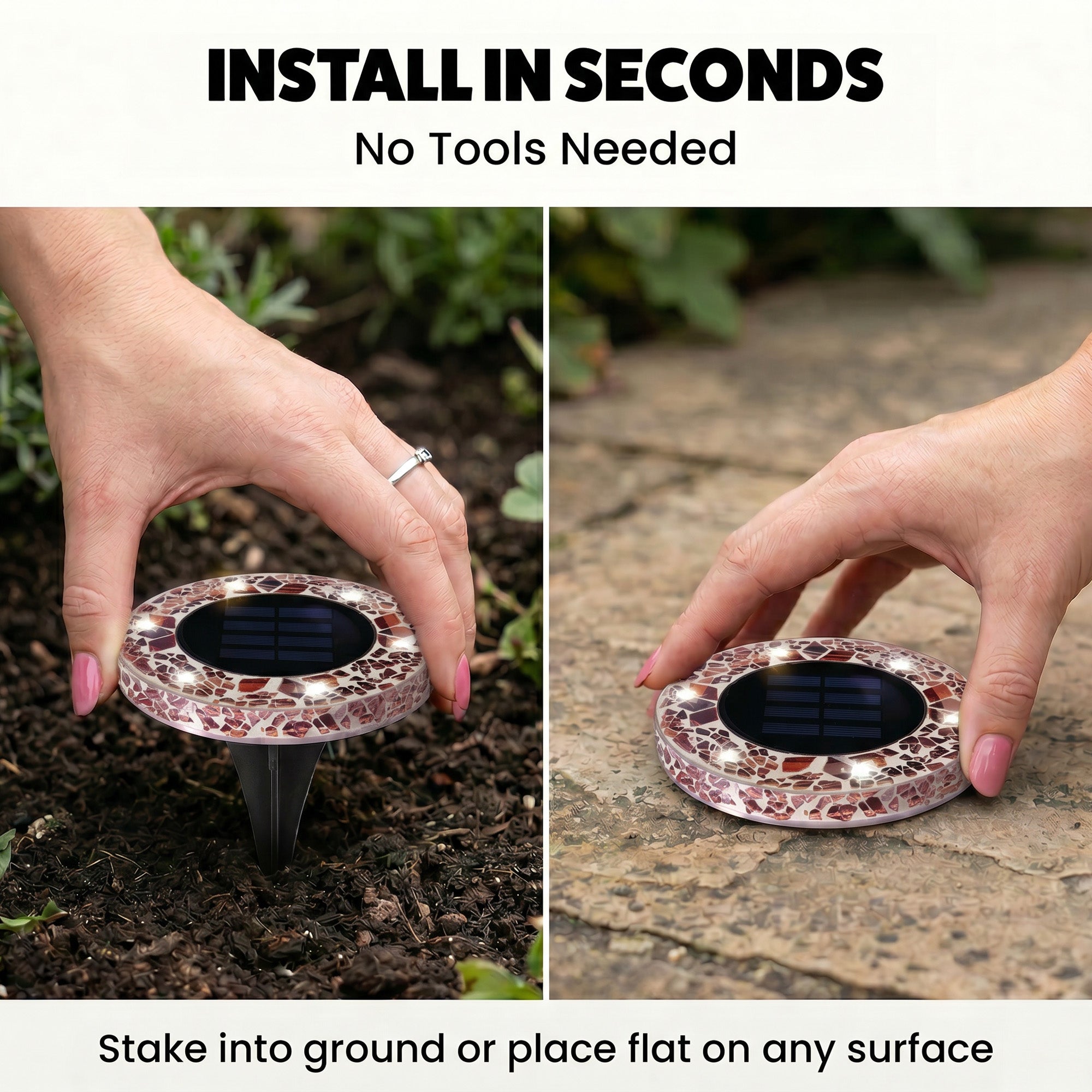 Solar Outdoor Mosaic Disk Lights, Waterproof Decorative Pathway LED Light, Auto On/Off