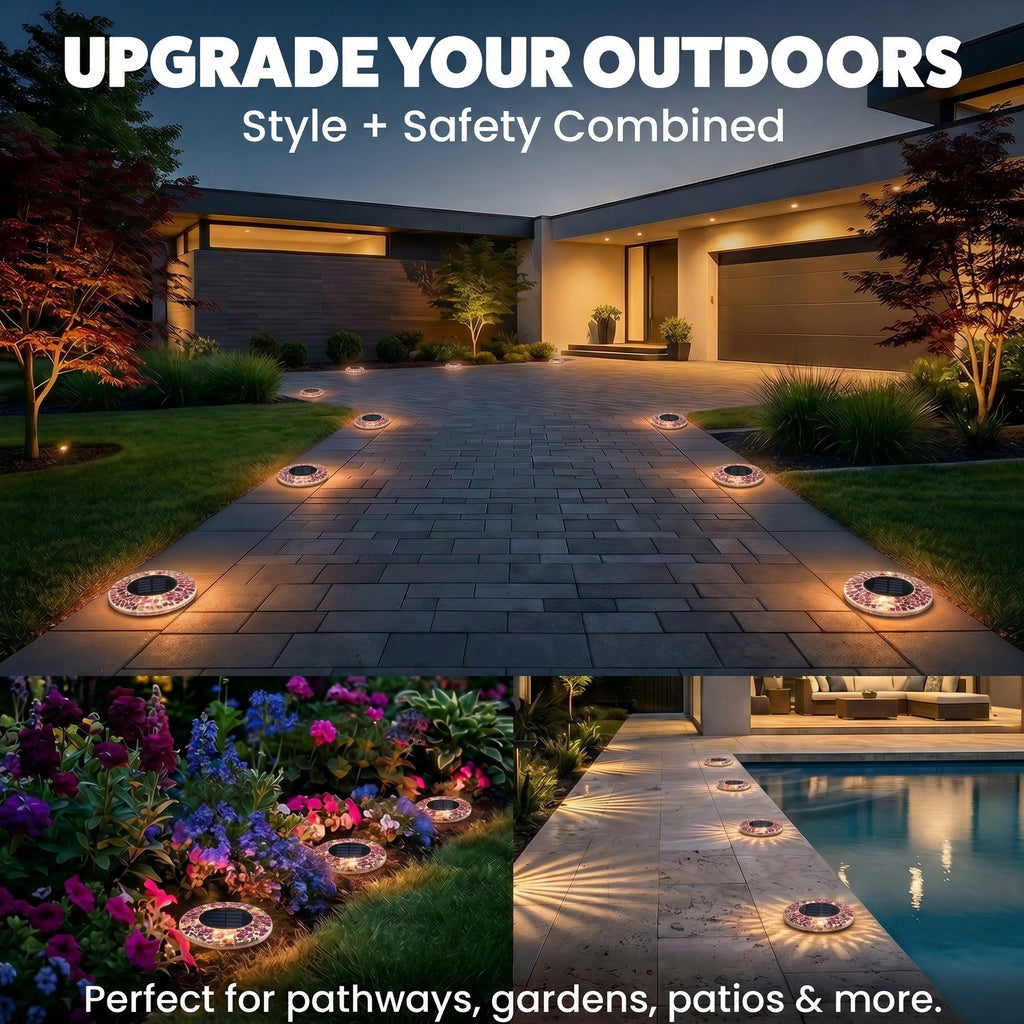 Solar Outdoor Mosaic Disk Lights, Waterproof Decorative Pathway LED Light, Auto On/Off
