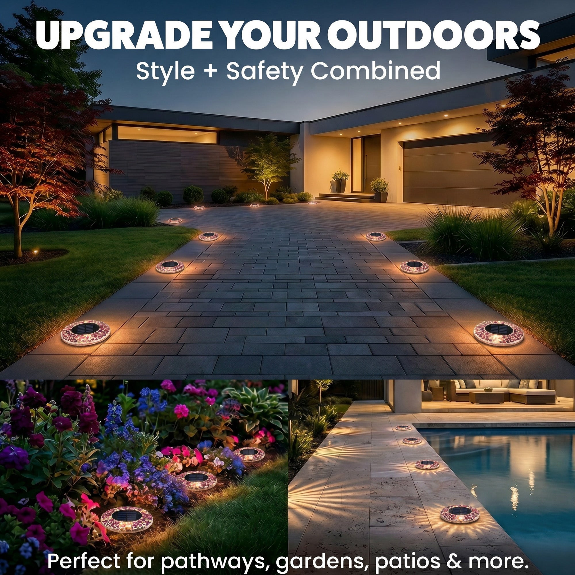 Solar Outdoor Mosaic Disk Lights, Waterproof Decorative Pathway LED Light, Auto On/Off