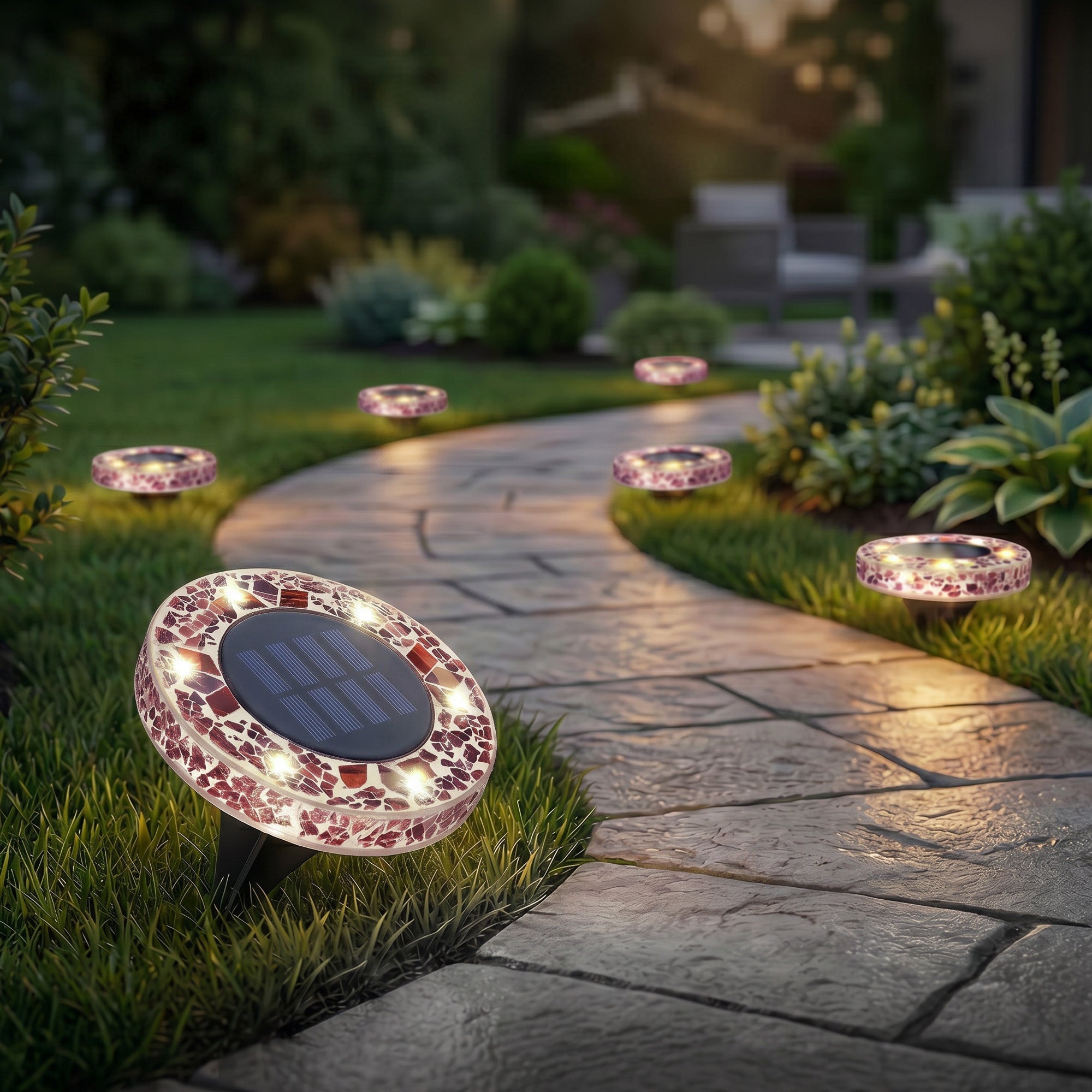 Solar Outdoor Mosaic Disk Lights, Waterproof Decorative Pathway LED Light, Auto On/Off