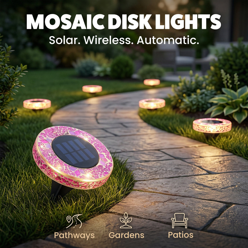 Solar Outdoor Mosaic Disk Lights, Waterproof Decorative Pathway LED Light, Auto On/Off