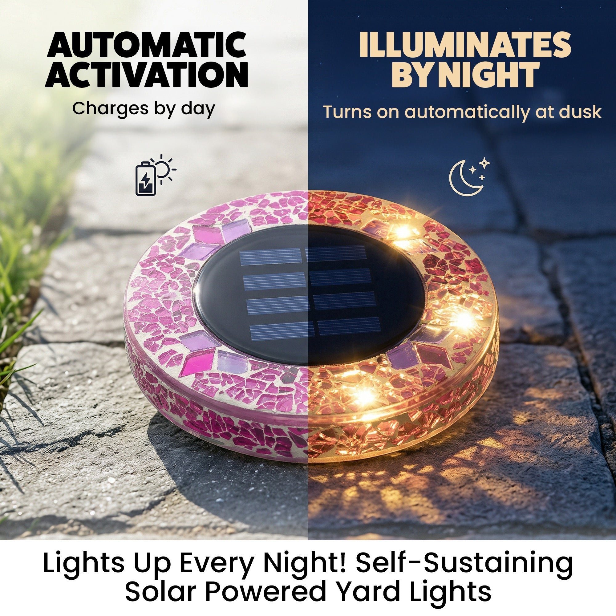 Solar Outdoor Mosaic Disk Lights, Waterproof Decorative Pathway LED Light, Auto On/Off