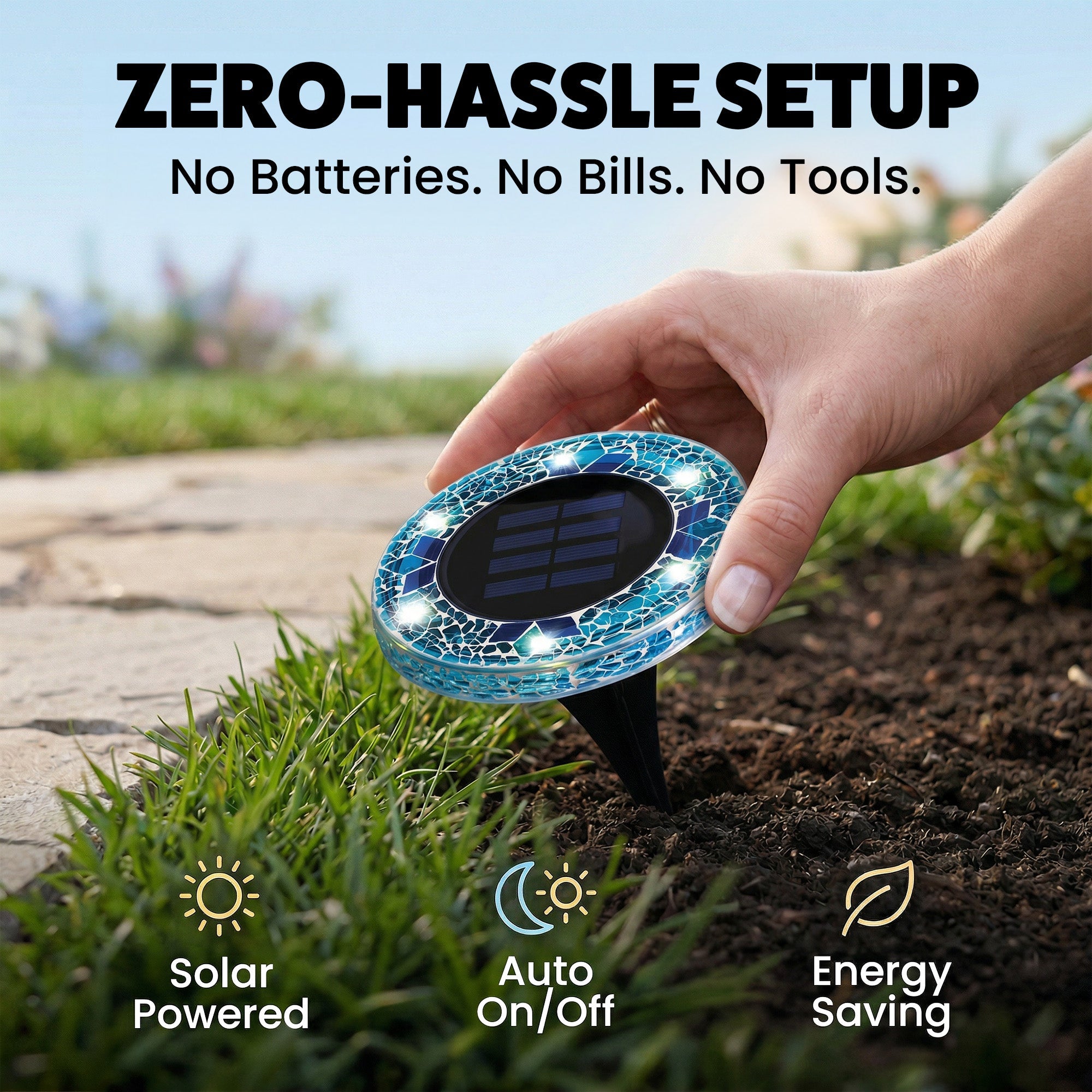 Solar Outdoor Mosaic Disk Lights, Waterproof Decorative Pathway LED Light, Auto On/Off
