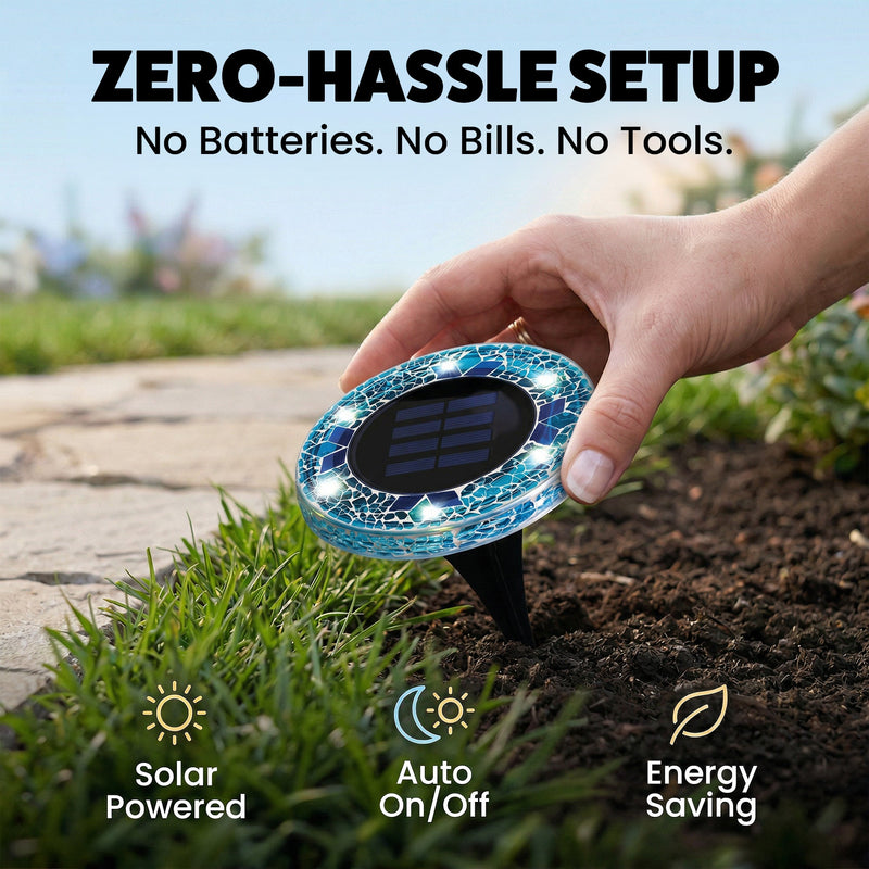 Solar Outdoor Mosaic Disk Lights, Waterproof Decorative Pathway LED Light, Auto On/Off
