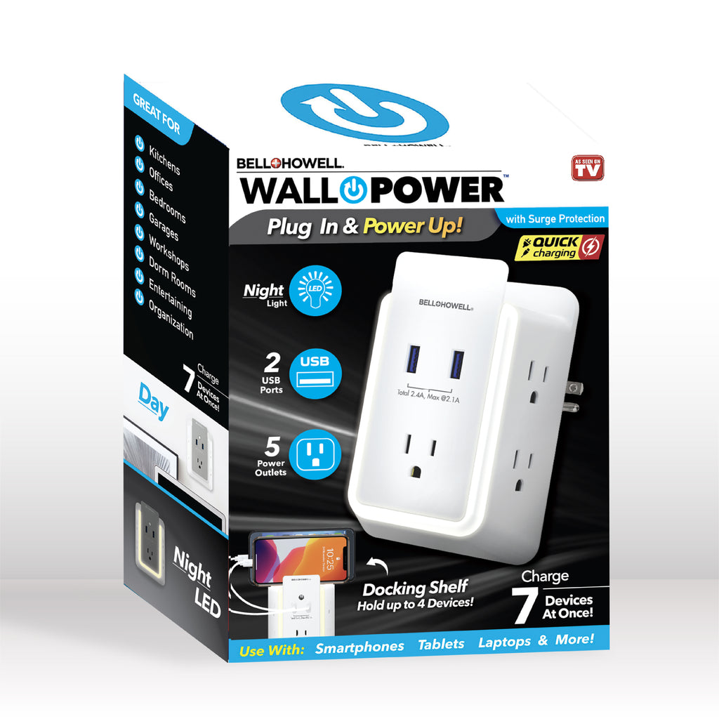 Bell + Howell Wall Power Surge Protector with Night Light (Automatic) and Device Holder, 5 Outlets 2 USB Ports Electrical Extender, White, 5.5"