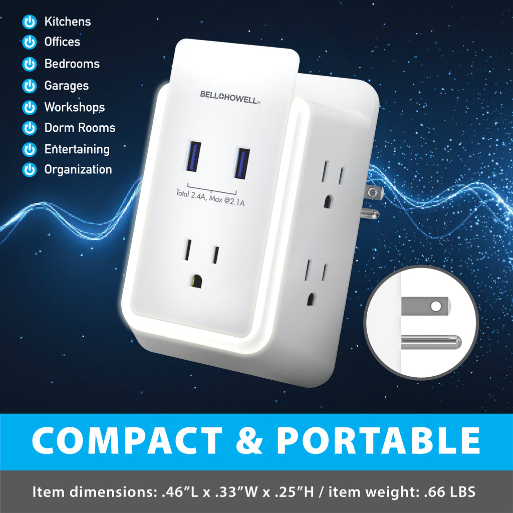 Bell + Howell Wall Power Surge Protector with Night Light (Automatic) and Device Holder, 5 Outlets 2 USB Ports Electrical Extender, White, 5.5"