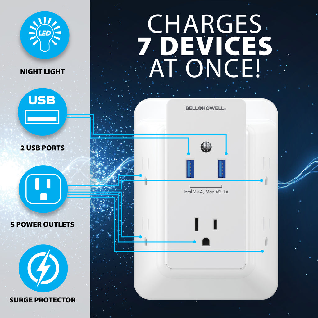 Bell + Howell Wall Power Surge Protector with Night Light (Automatic) and Device Holder, 5 Outlets 2 USB Ports Electrical Extender, White, 5.5"