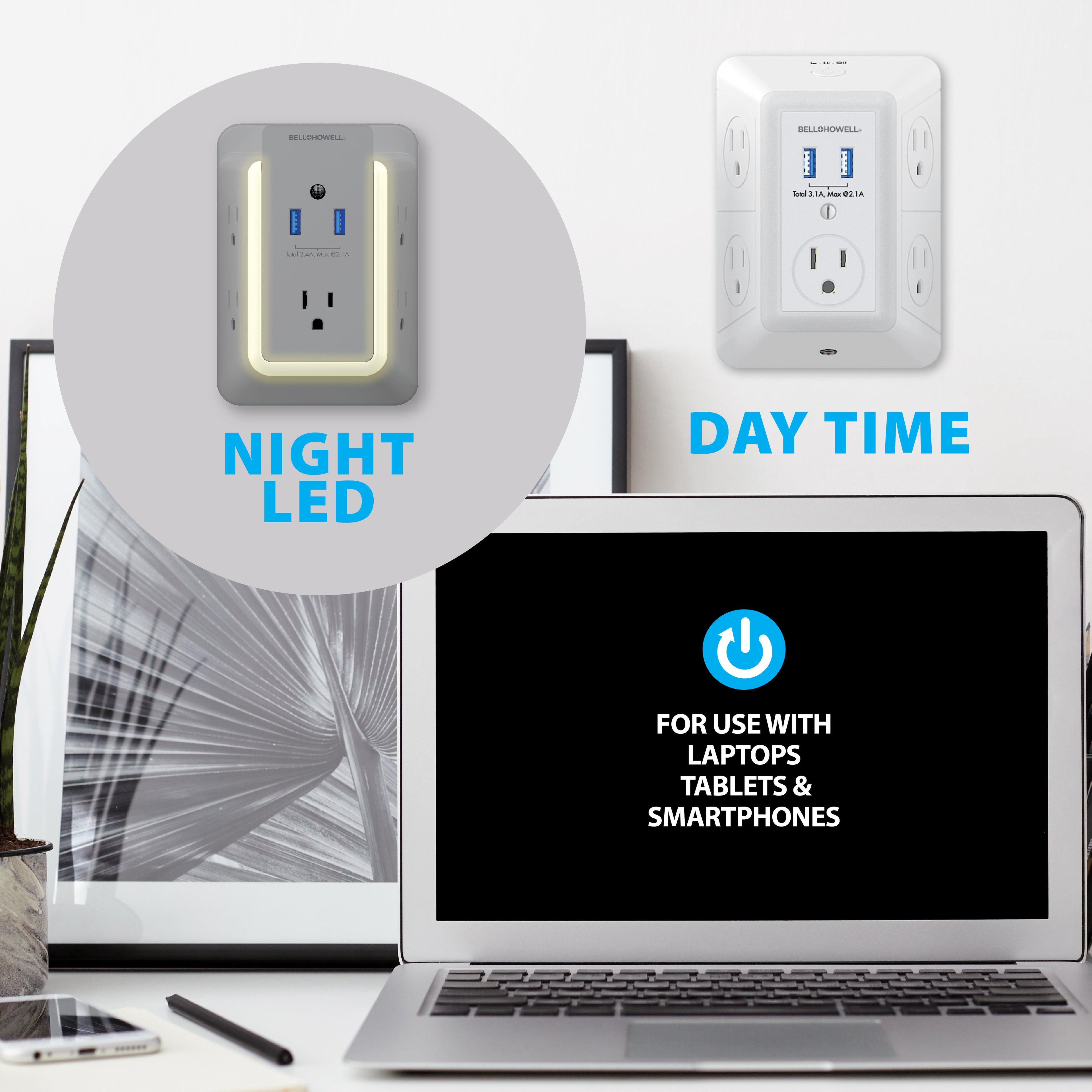 Bell + Howell Wall Power Surge Protector with Night Light (Automatic) and Device Holder, 5 Outlets 2 USB Ports Electrical Extender, White, 5.5"