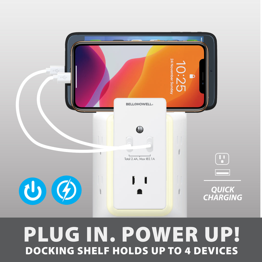 Bell + Howell Wall Power Surge Protector with Night Light (Automatic) and Device Holder, 5 Outlets 2 USB Ports Electrical Extender, White, 5.5"