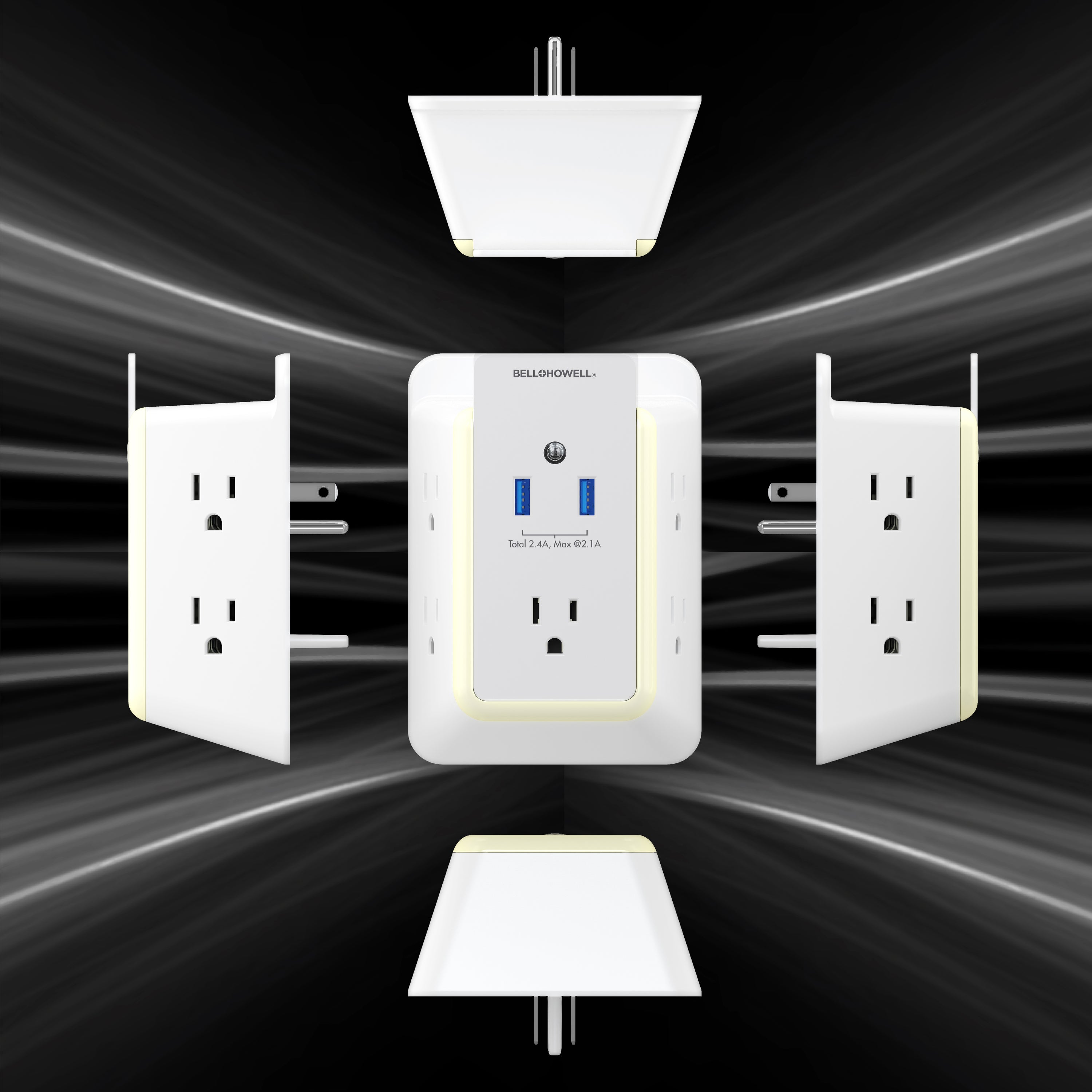 Bell + Howell Wall Power Surge Protector with Night Light (Automatic) and Device Holder, 5 Outlets 2 USB Ports Electrical Extender, White, 5.5"