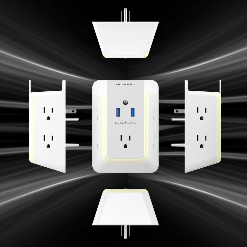 Bell + Howell Wall Power Surge Protector with Night Light (Automatic) and Device Holder, 5 Outlets 2 USB Ports Electrical Extender, White, 5.5"