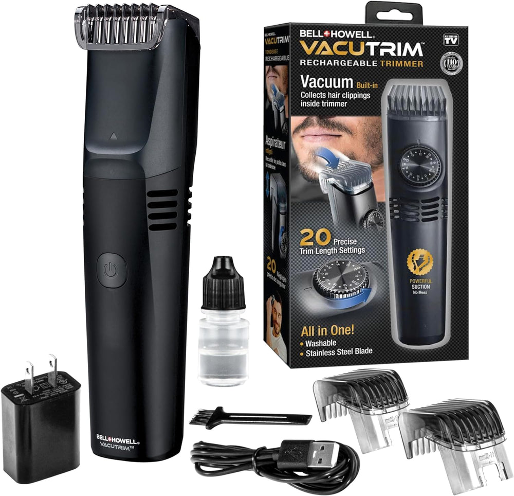 VacuTrim, Rechargeable Trimmer with Built-In Vacuum, Electric Shaver with 20 Trim Settings, Calibration Dial