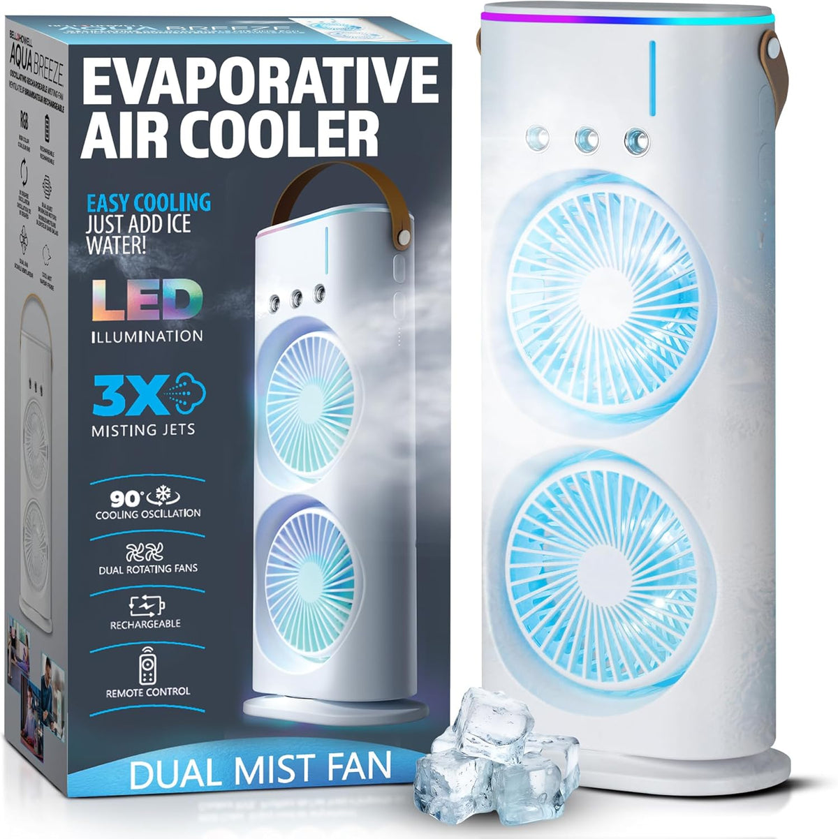 Bullseye Air Cool Misting Fan, Remote Controlled, Oscillating, USB-C Rechargeable, Color Changing, Lightweight, Portable