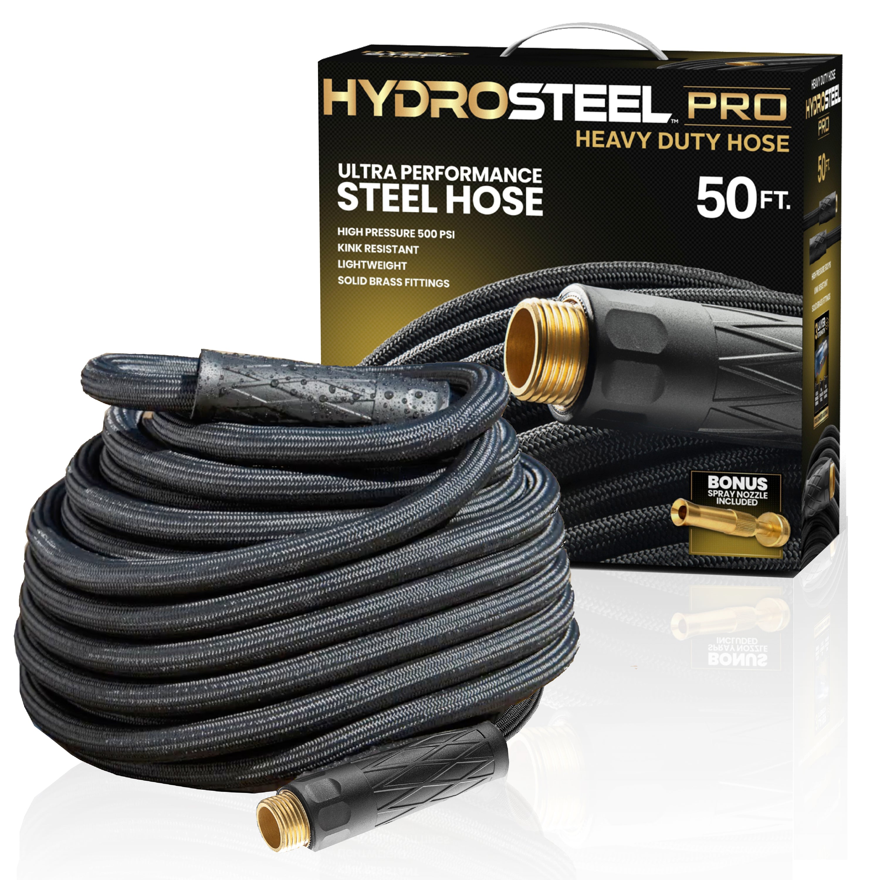 HydroSteel PRO Heavy Duty Steel Hose - Brass Fittings - 50ft or 100ft