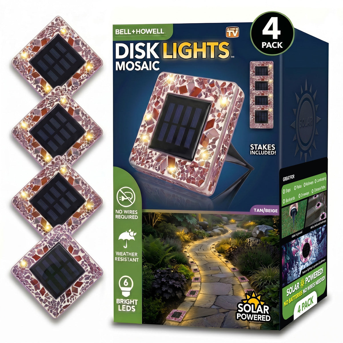 Solar Outdoor Mosaic Disk Lights, Waterproof Decorative Pathway LED Light, Auto On/Off