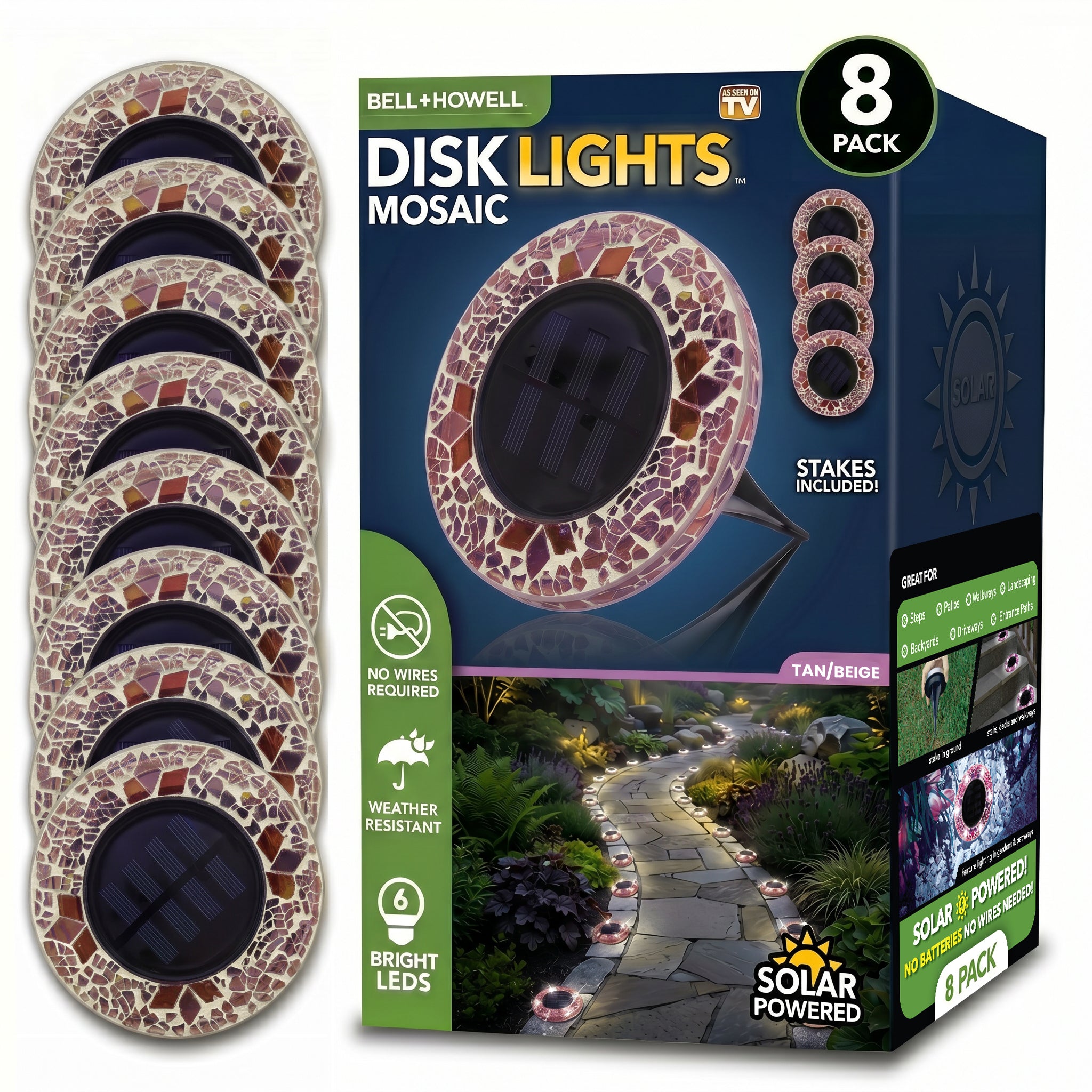 Solar Outdoor Mosaic Disk Lights, Waterproof Decorative Pathway LED Light, Auto On/Off