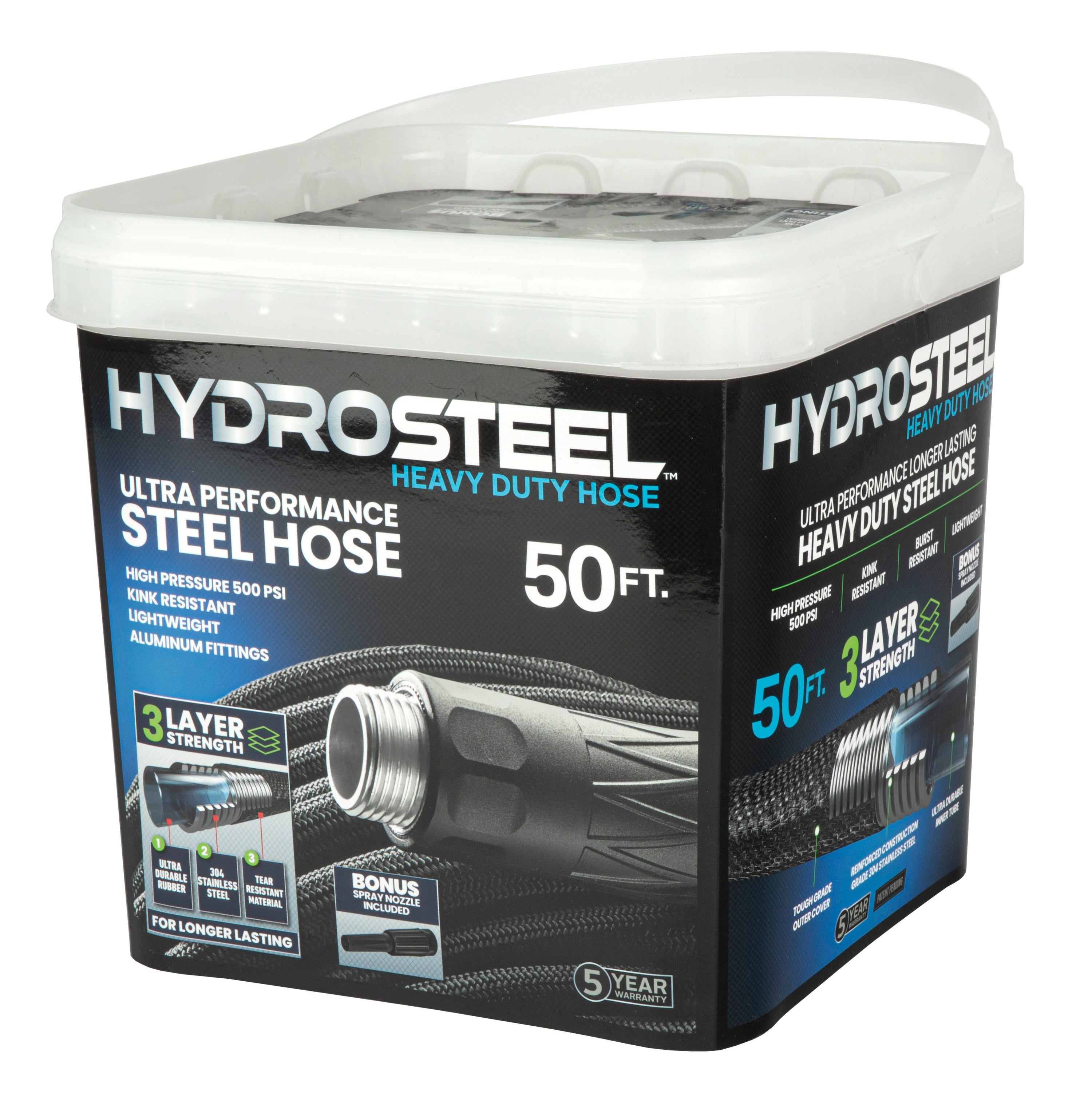 HydroSteel 50' ft Heavy-Duty Garden Hose with Storage Bucket